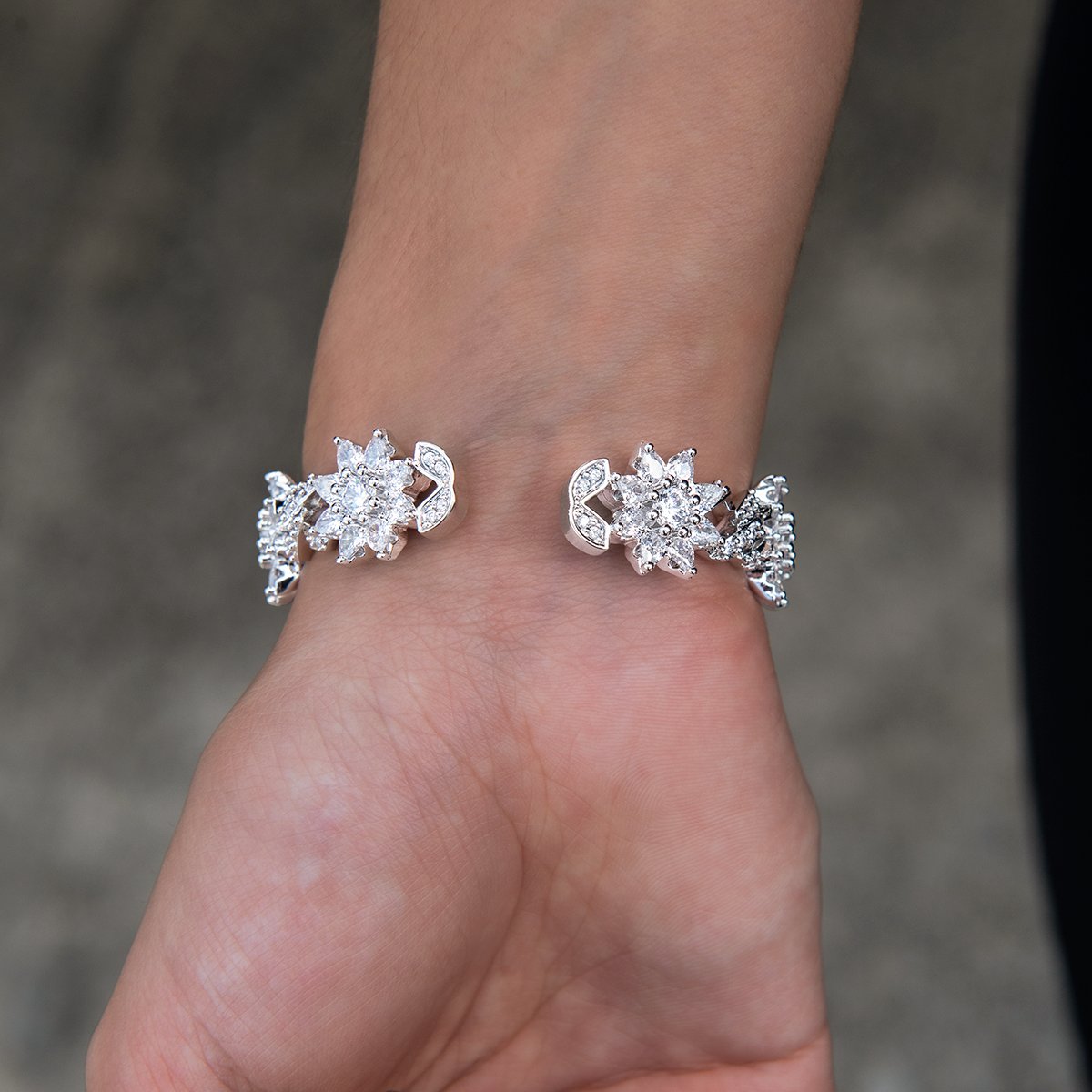 Diamond Infinity Flower Cuff Bracelet in White Gold