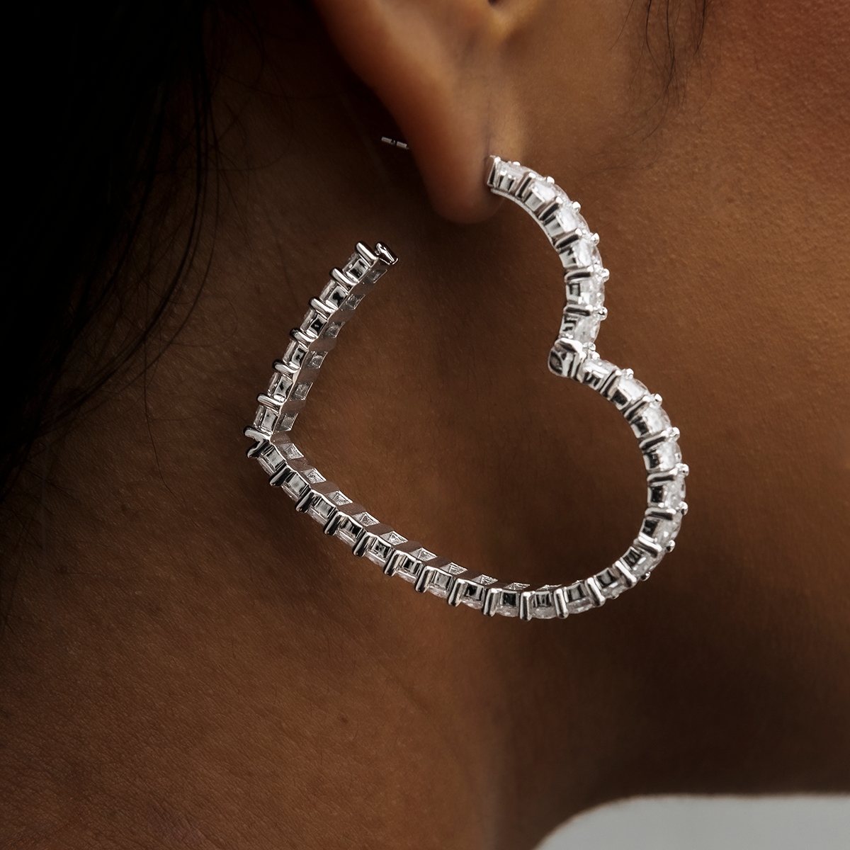 Baguette Heart Hoop Earrings in White Gold