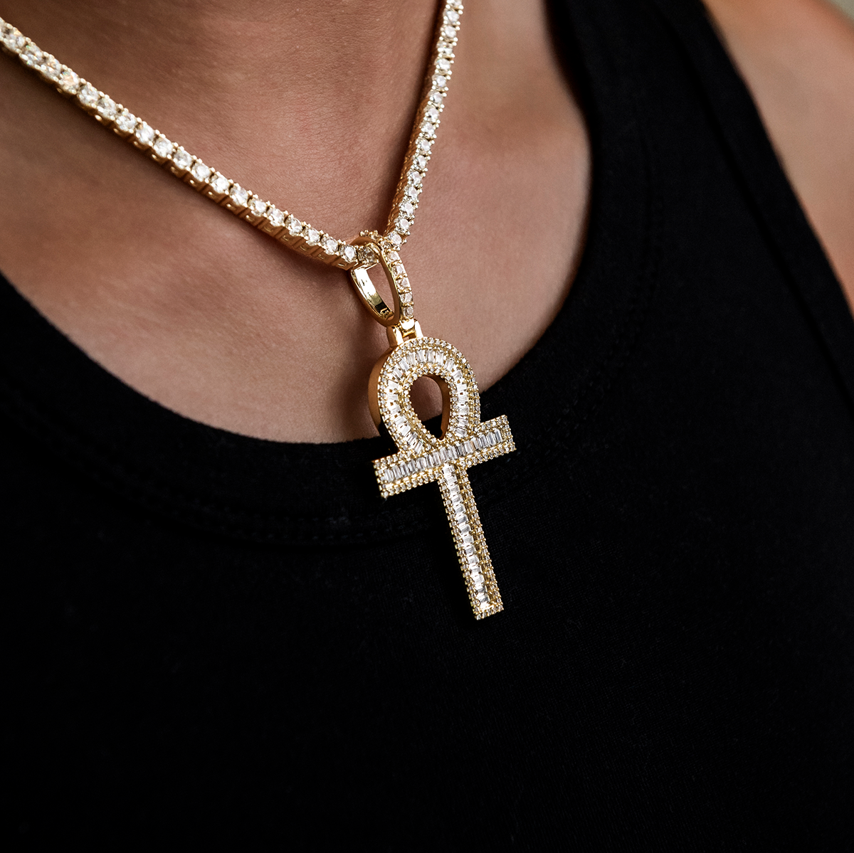 Diamond Baguette Ankh Cross Pendant in Yellow Gold