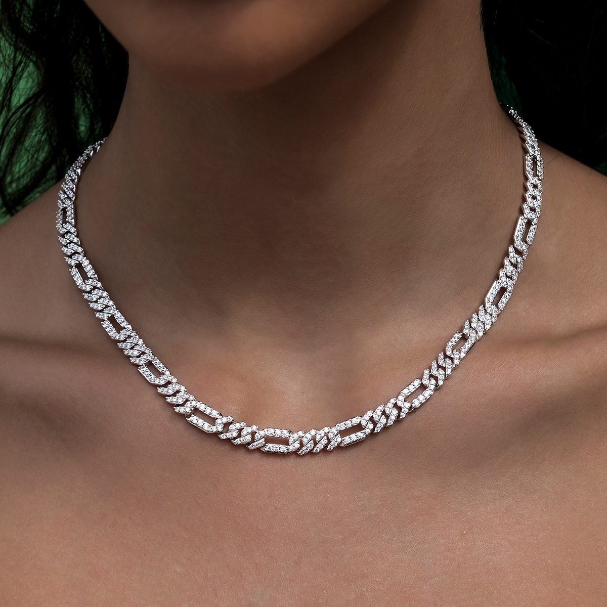 Diamond Figaro Necklace in White Gold- 6mm