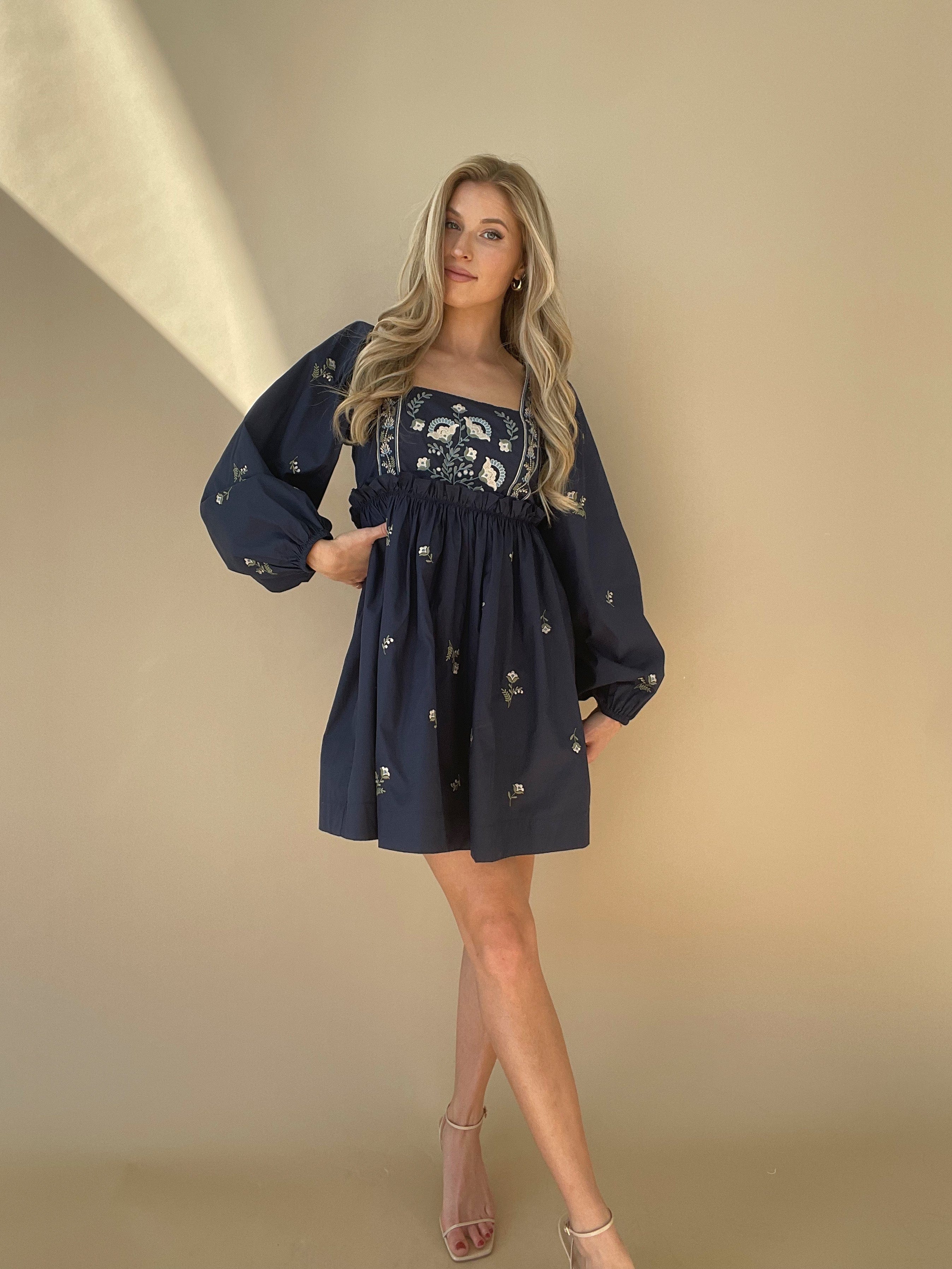 Navy Floral Embroidered Dress