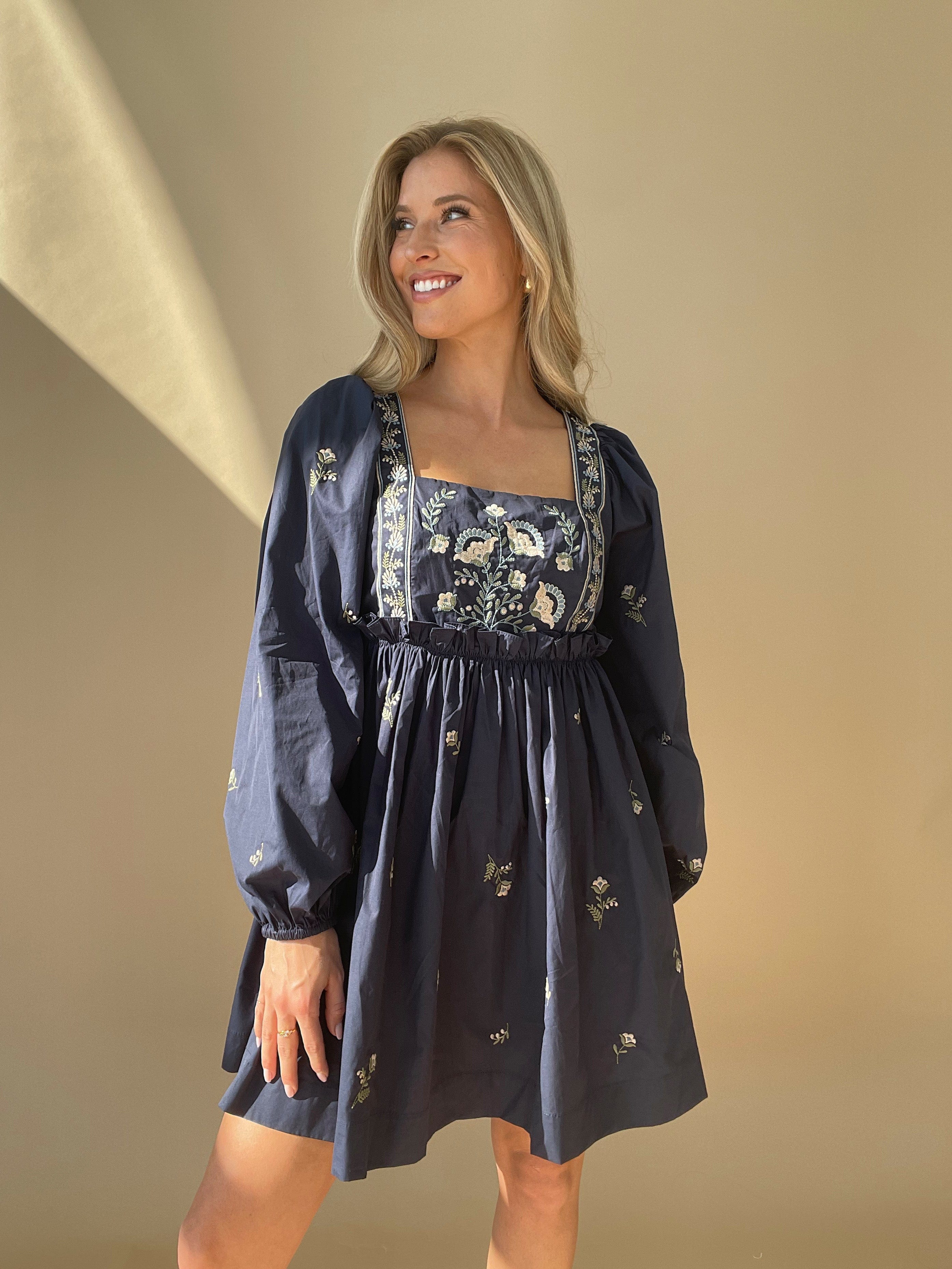 Navy Floral Embroidered Dress