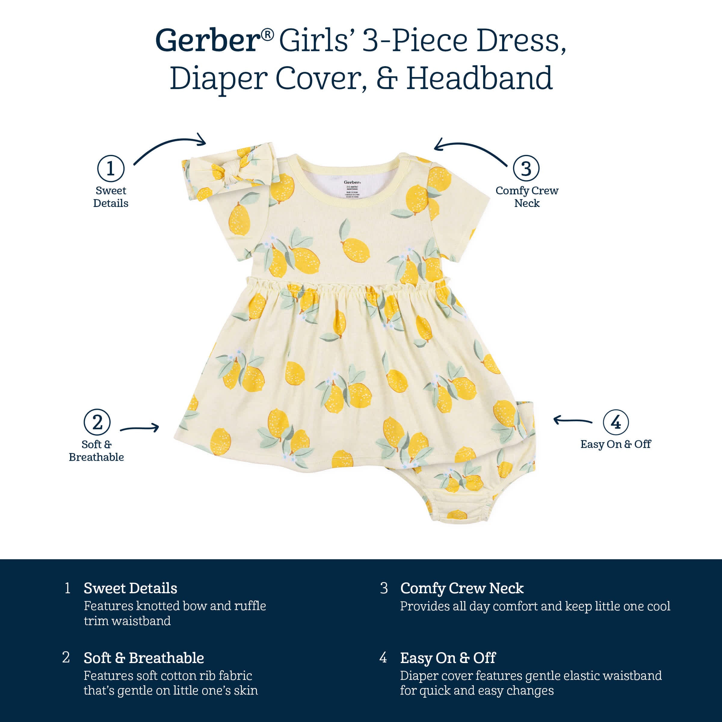 3-Piece Baby & Toddler Girls Little Lemon Dress, Diaper Cover & Headband Set