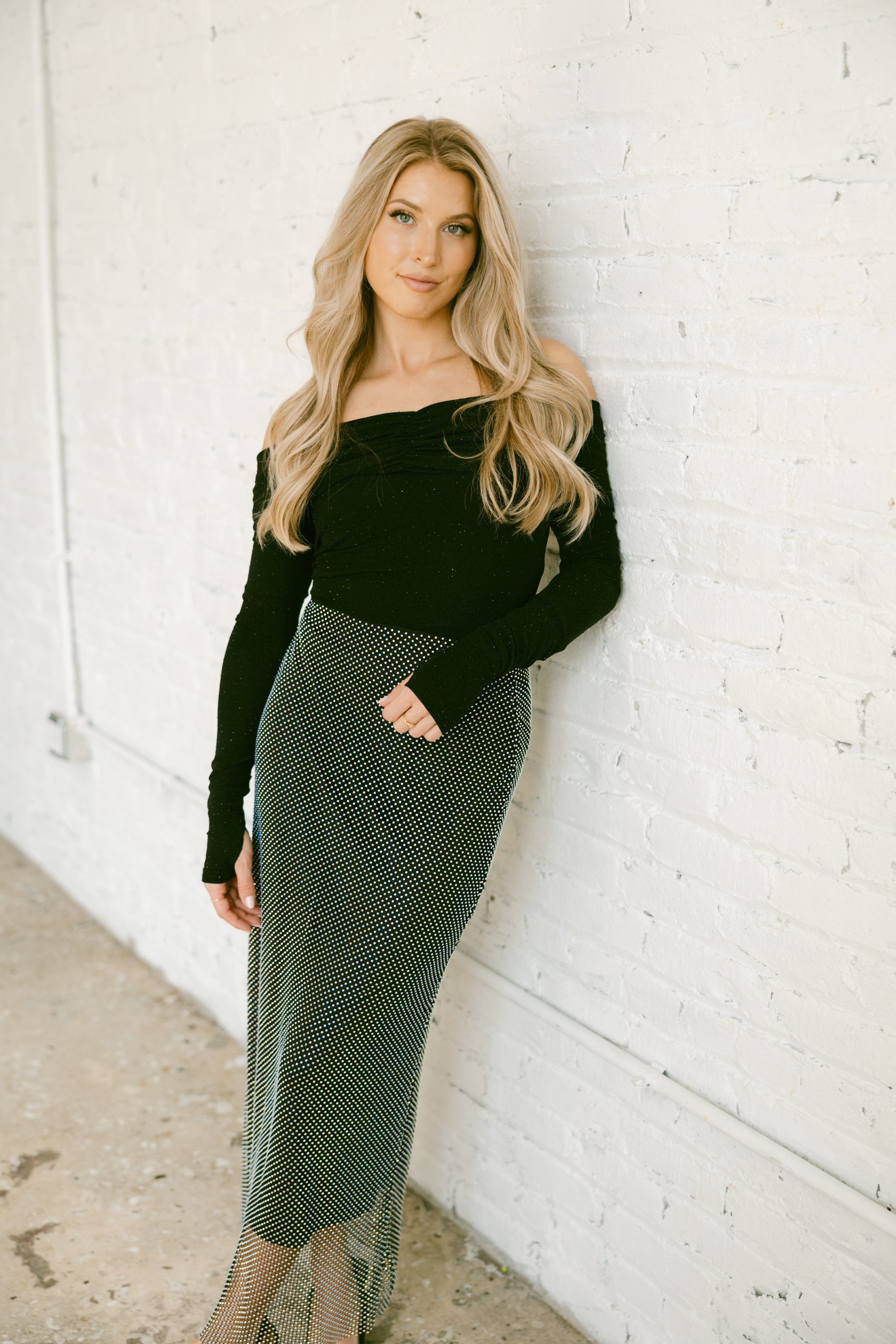 Black Rhinestone Midi Skirt