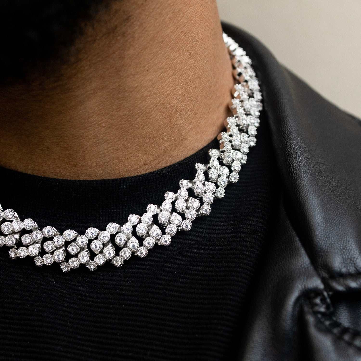 19mm Diamond Clustered Cuban Necklace - White Gold