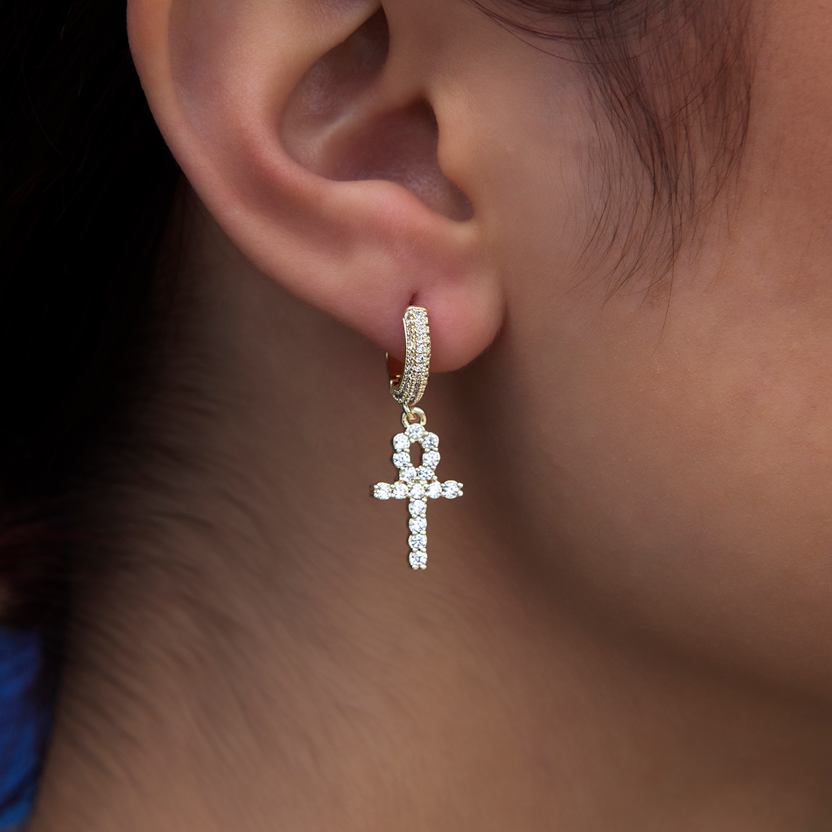 Iced Ankh Cross Huggie Hoop Earrings