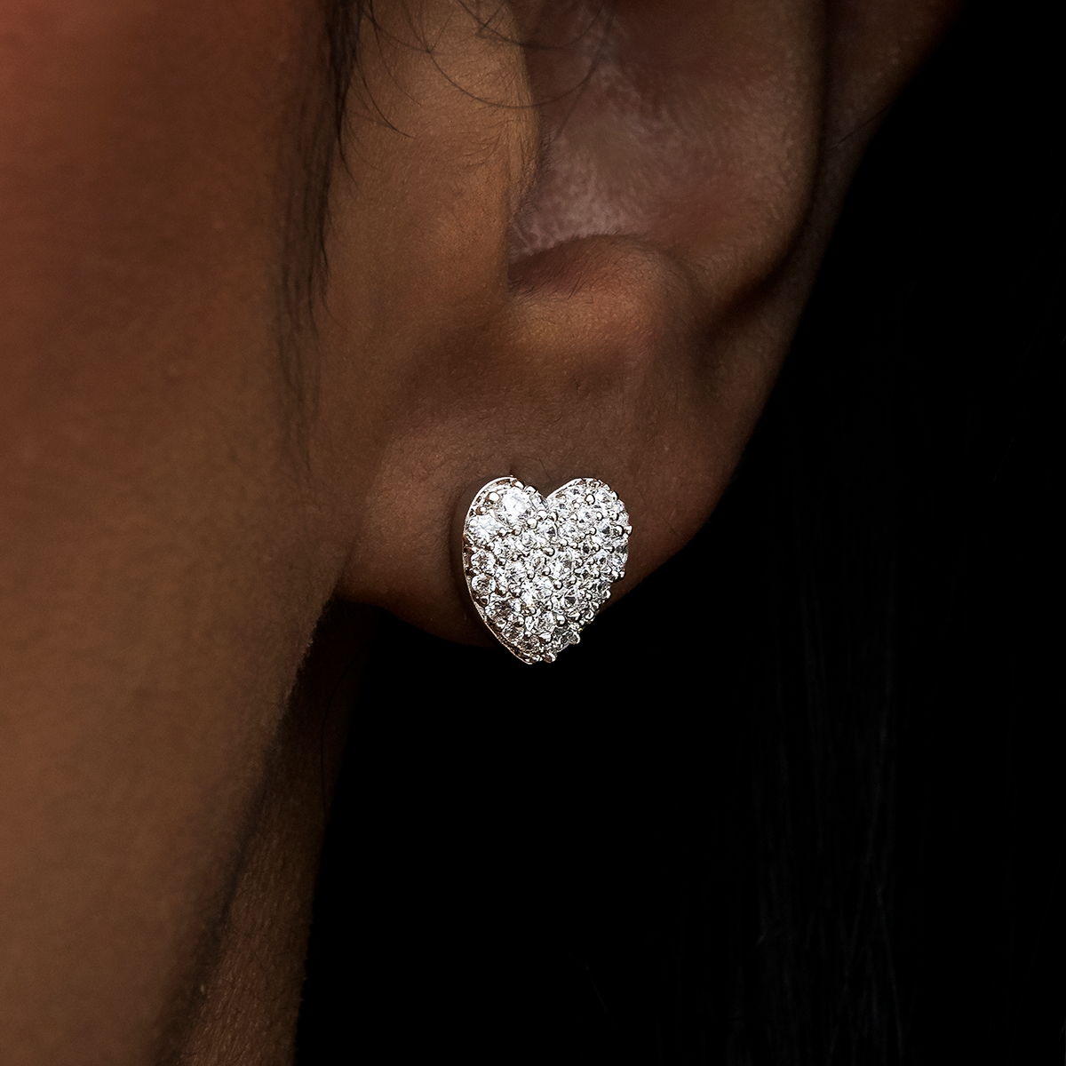 Heart Pave Stud Earrings in White Gold