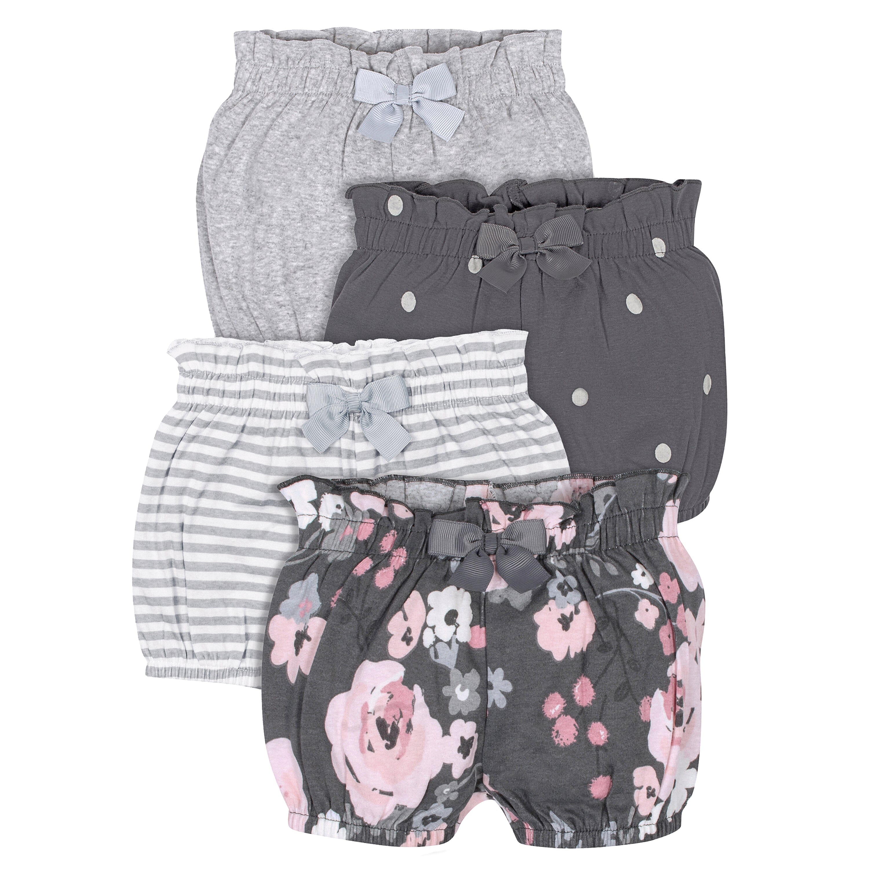 4-Pack Baby Girls Gray Floral Bubble Shorts