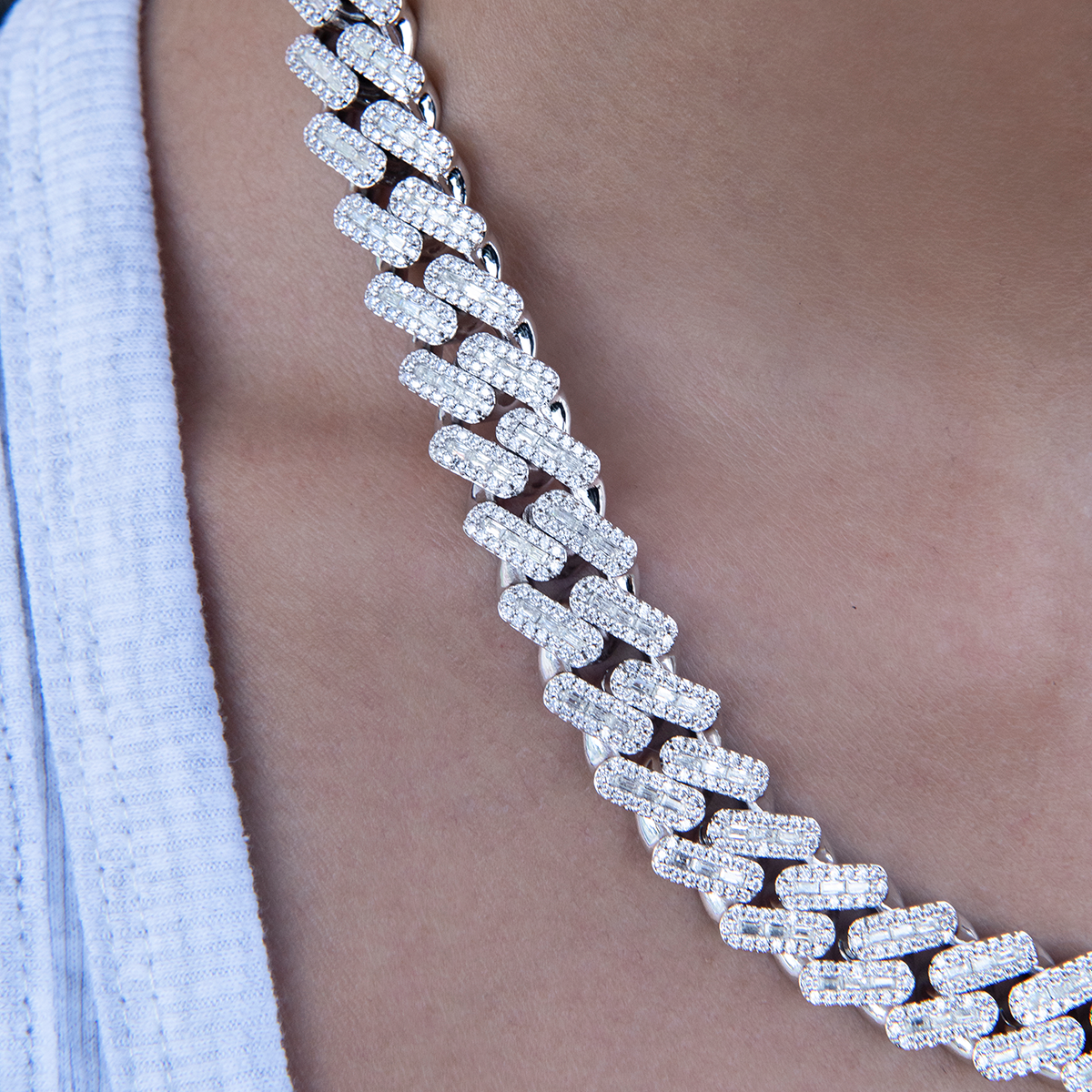 Diamond Baguette Cuban Necklace in White Gold- 12mm