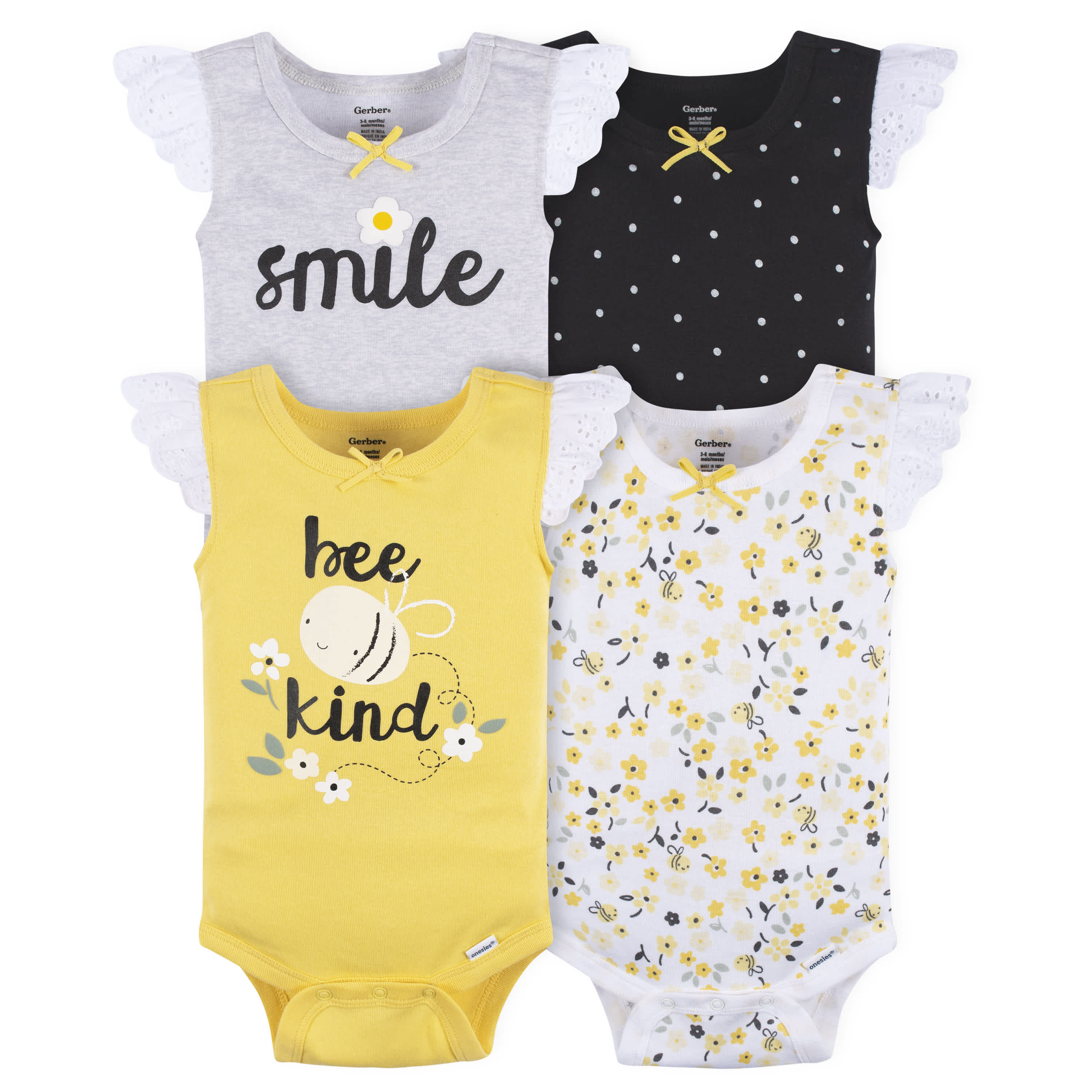 4-Pack Baby Girls Bee Garden Sleeveless Onesies Bodysuits