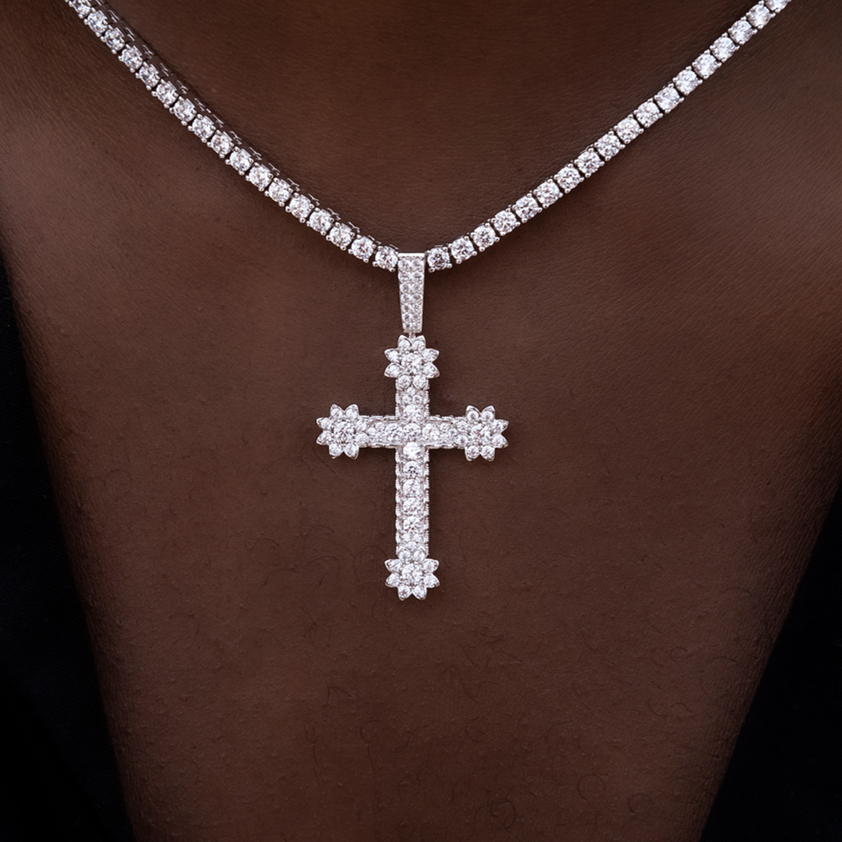 Diamond Flower Cross Pendant in White Gold