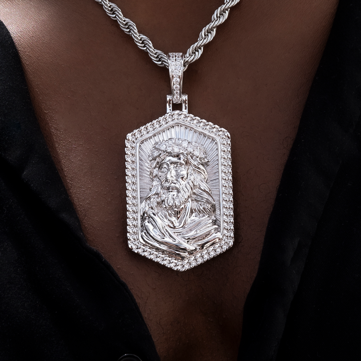 Large Icon Jesus Pendant in White Gold