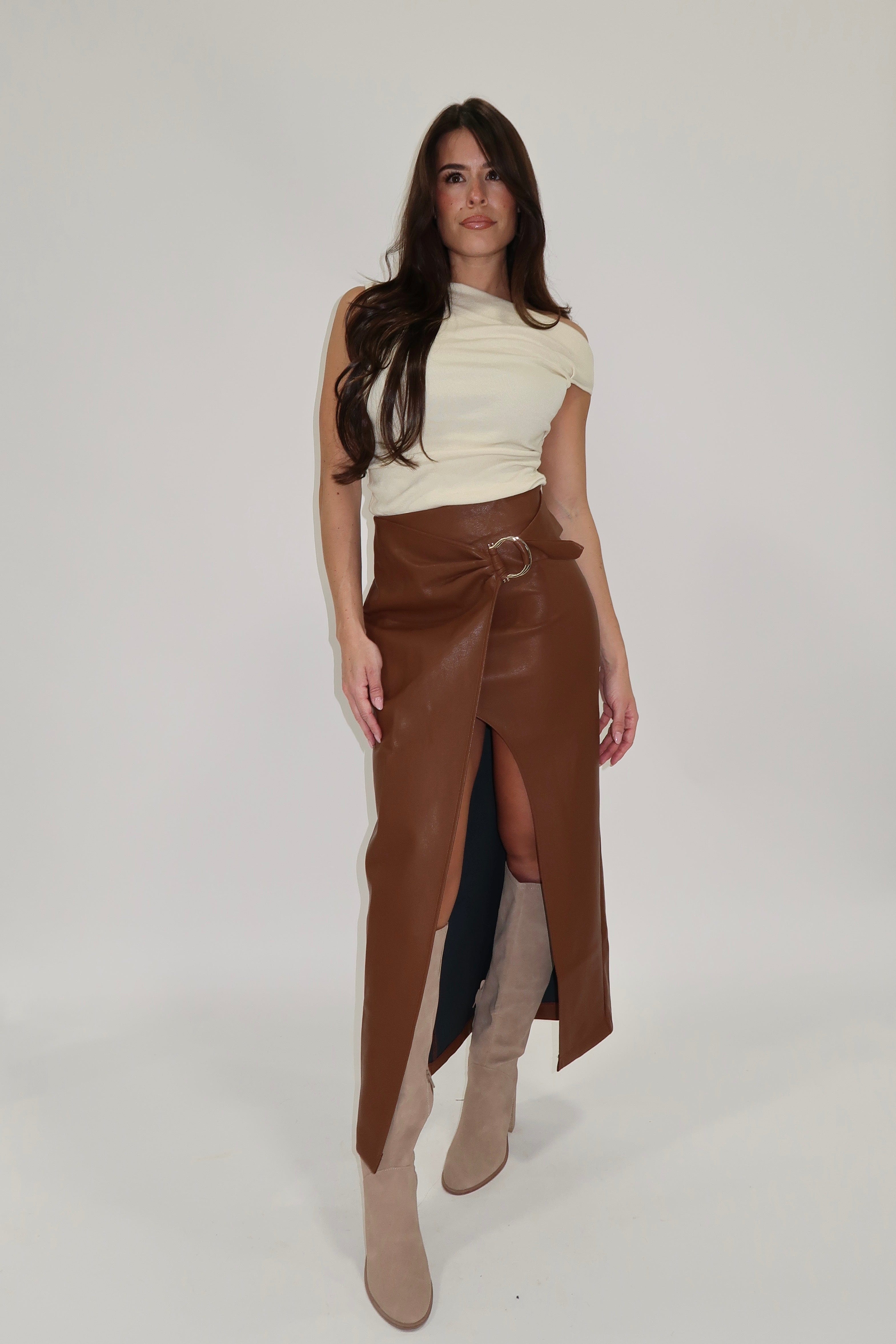 Brown Wrap Front Leather Skirt