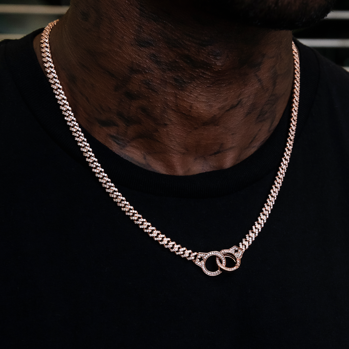 Iced Handcuff Diamond Prong Cuban Chain in Rose Gold