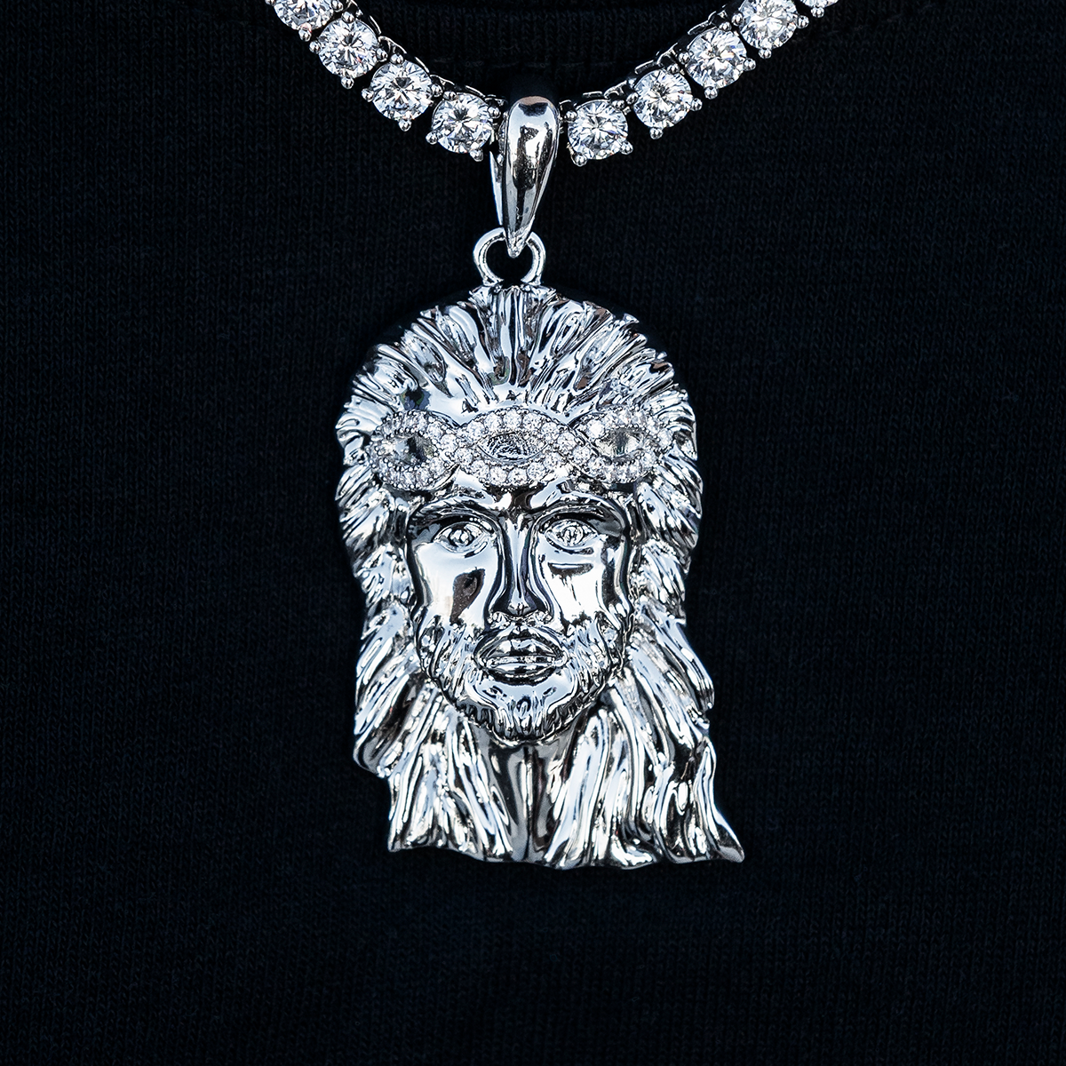 Large Diamond Crown Portrait of Jesus Pendant in White Gold