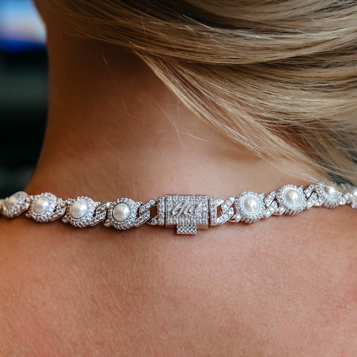 10mm Iced Halo Cuban Necklace with Pearls in White Gold