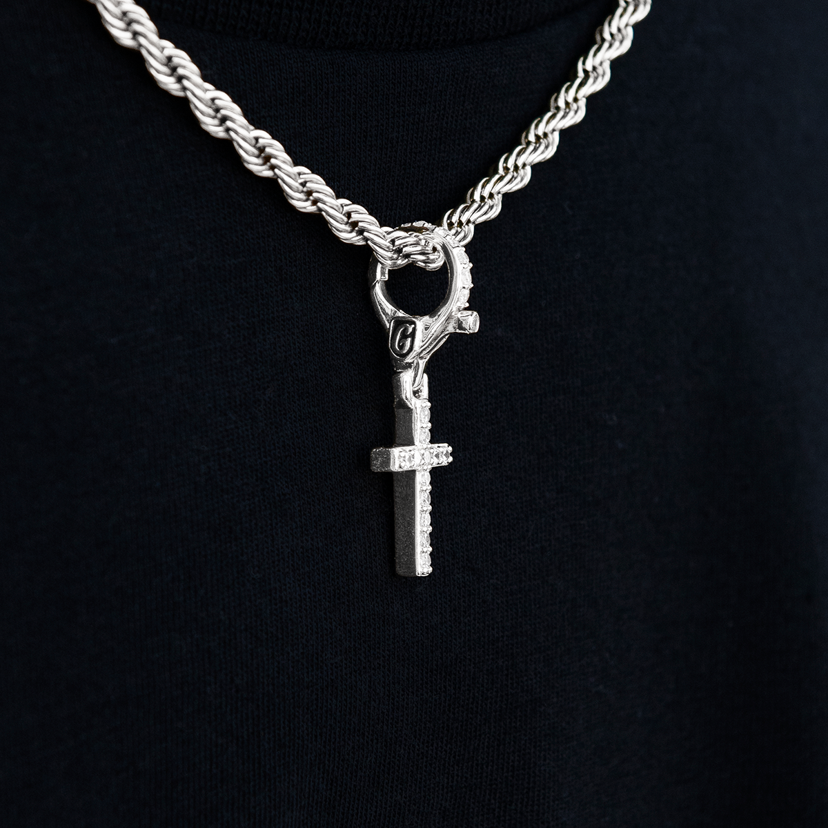 Iced Micro Cross Clip On Pendant in White Gold