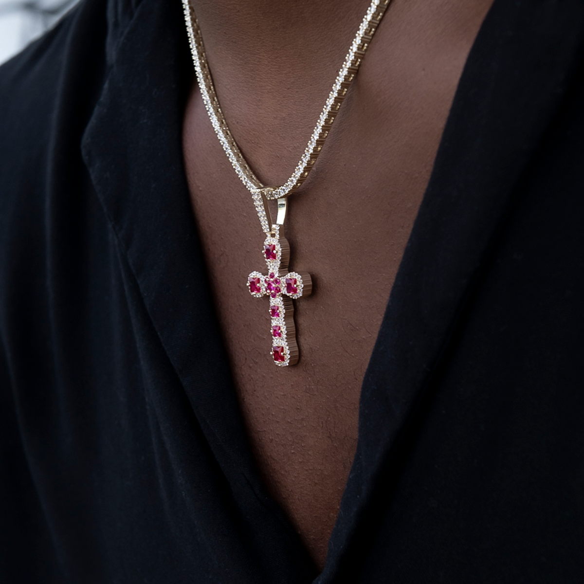 Ruby Stone Rounded Cross Pendant in Yellow Gold