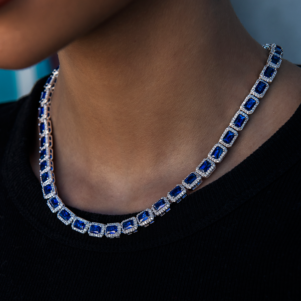 Sapphire Cushion Cut Tennis Necklace in White Gold