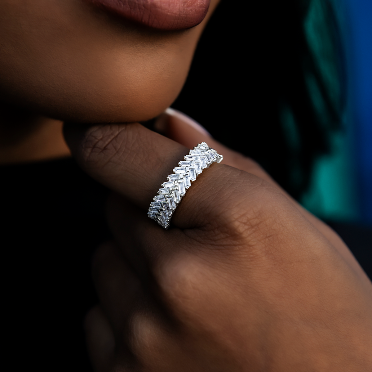 Diamond Baguette Herringbone Ring in White Gold Vermeil