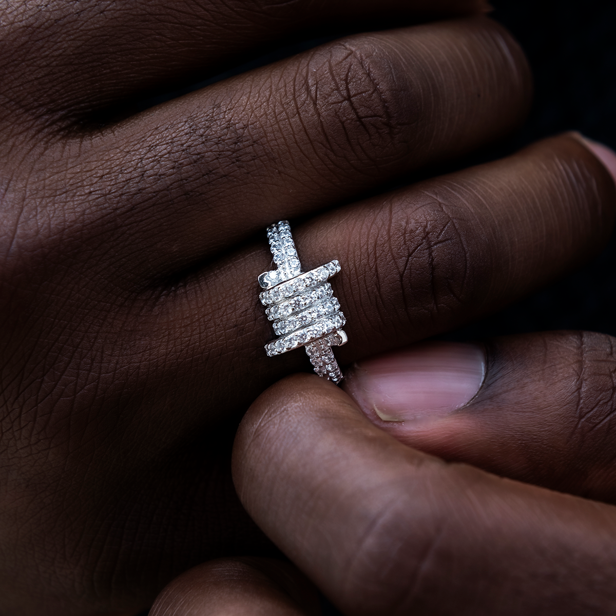 Iced Barbed Wire Ring in White Gold Vermeil