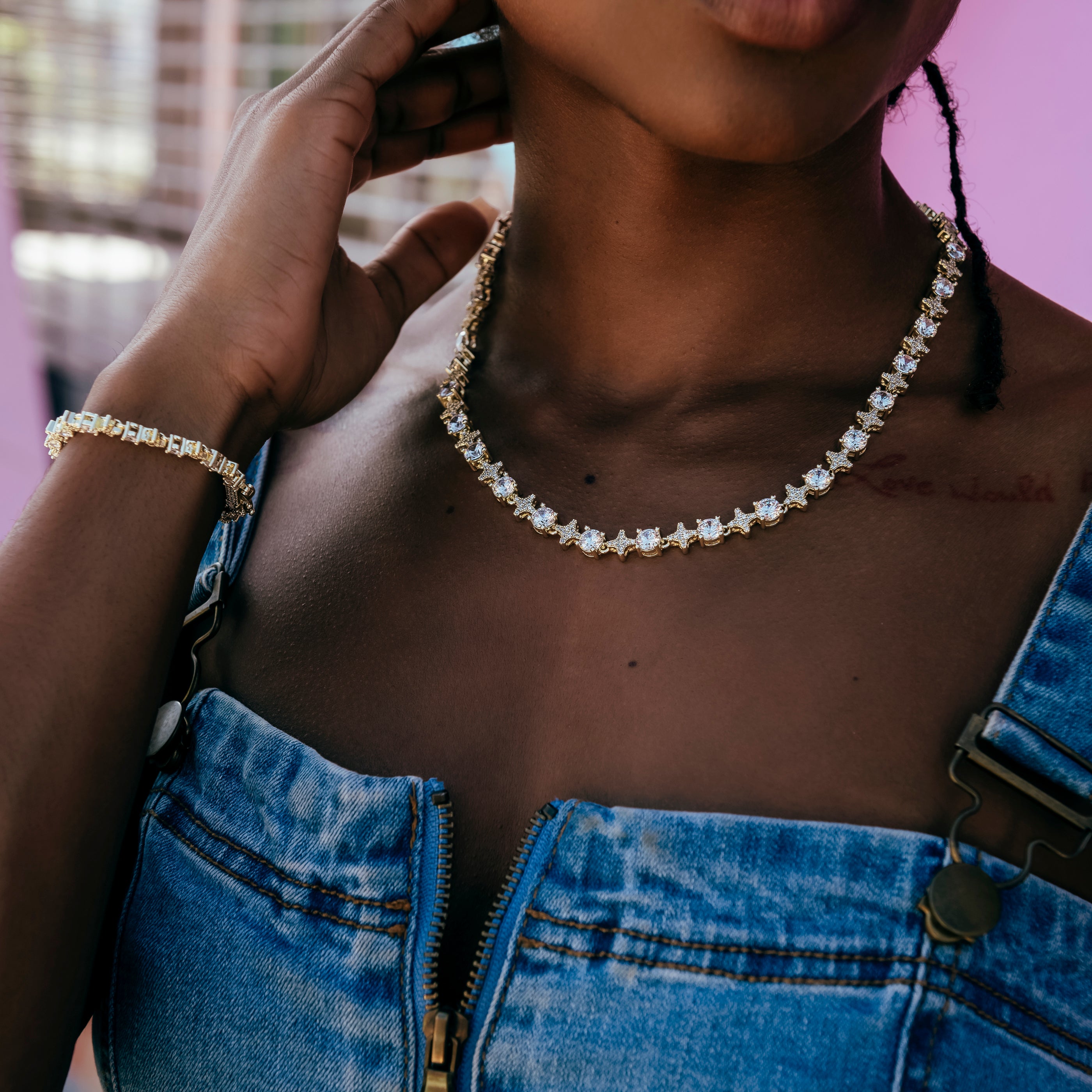 Round Stone Star Tennis Necklace + Bracelet Bundle in Yellow Gold