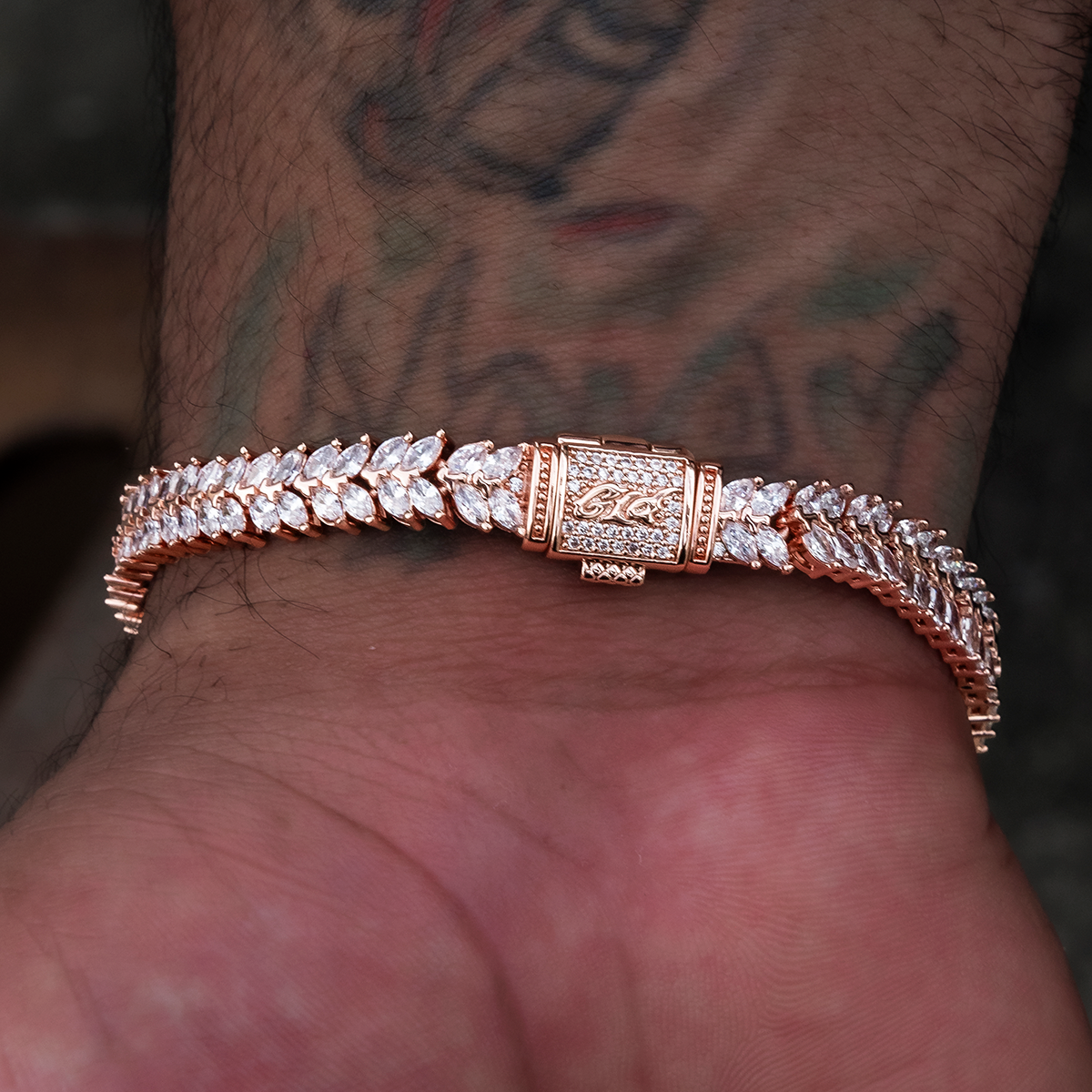 Iced Herringbone Bracelet in Rose Gold- 7mm