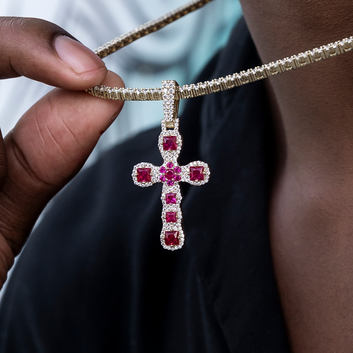 Ruby Stone Rounded Cross Pendant in Yellow Gold