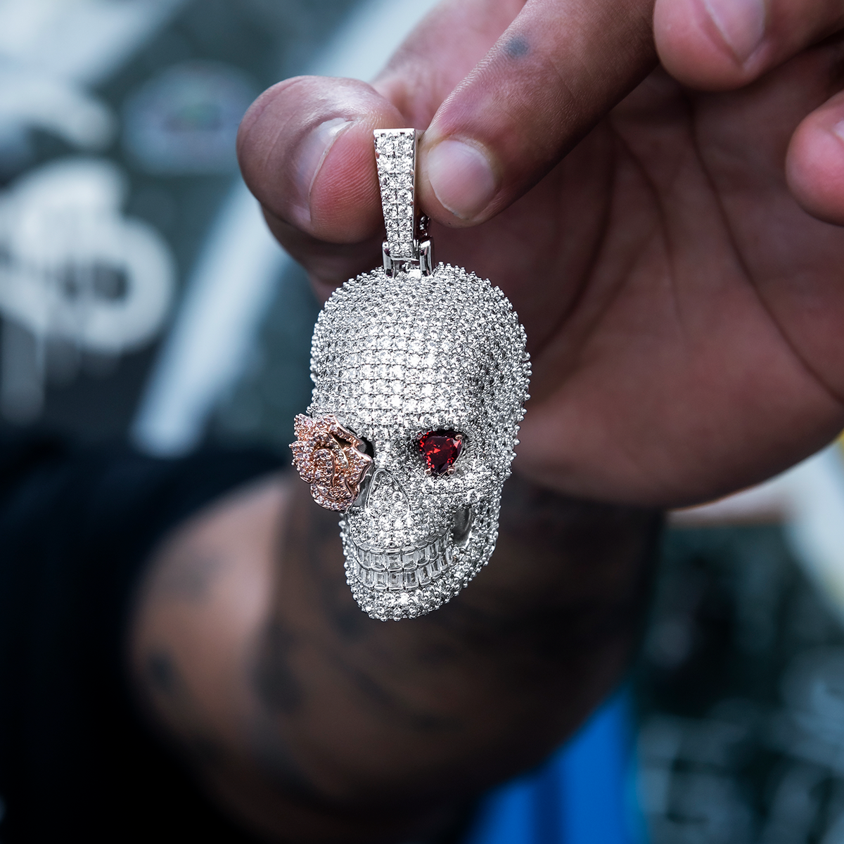 Large Iced Rose Skull Pendant