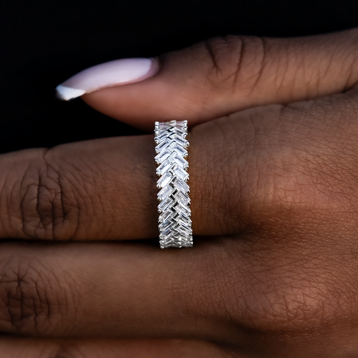 Diamond Baguette Herringbone Ring in White Gold Vermeil