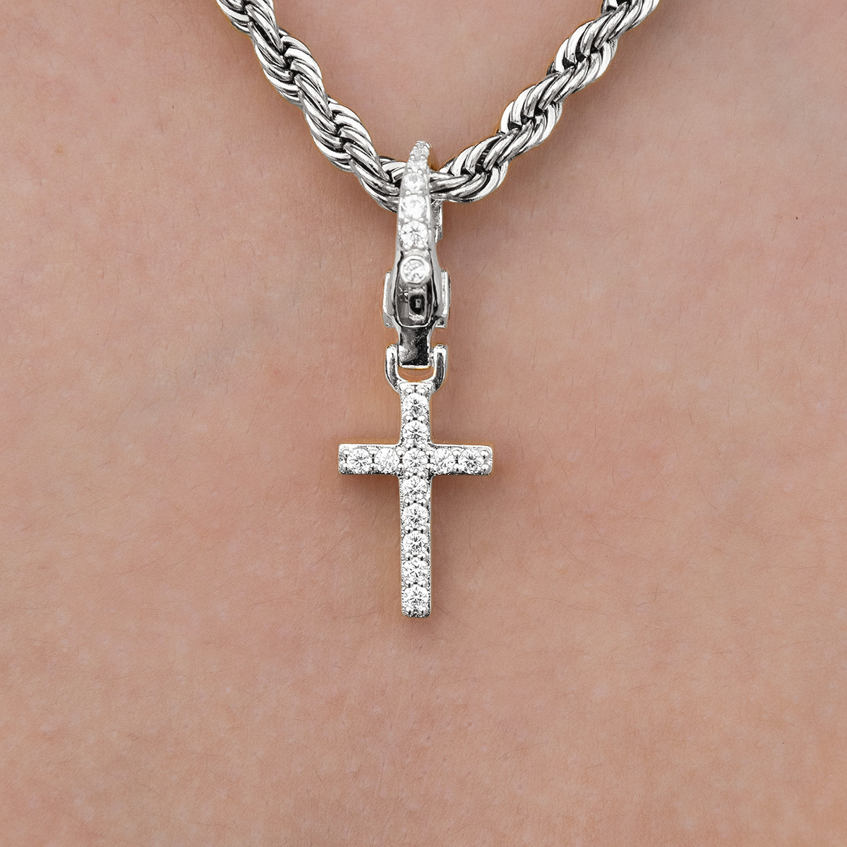 Iced Micro Cross Clip On Pendant in White Gold