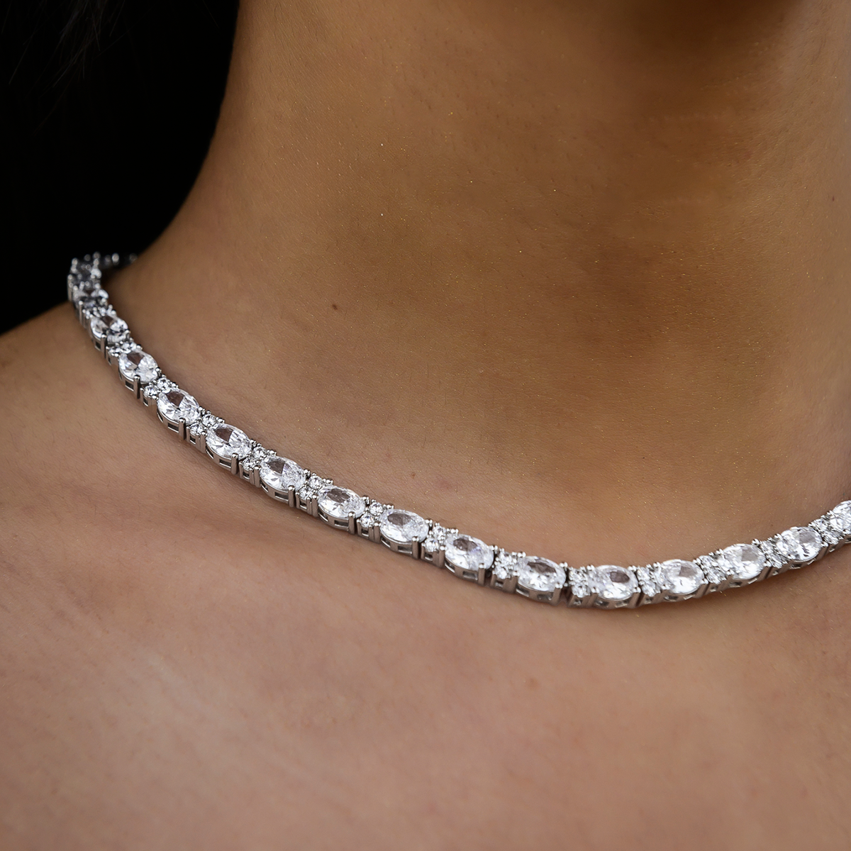 Diamond Mixed Oval Cut Tennis Necklace- 5mm