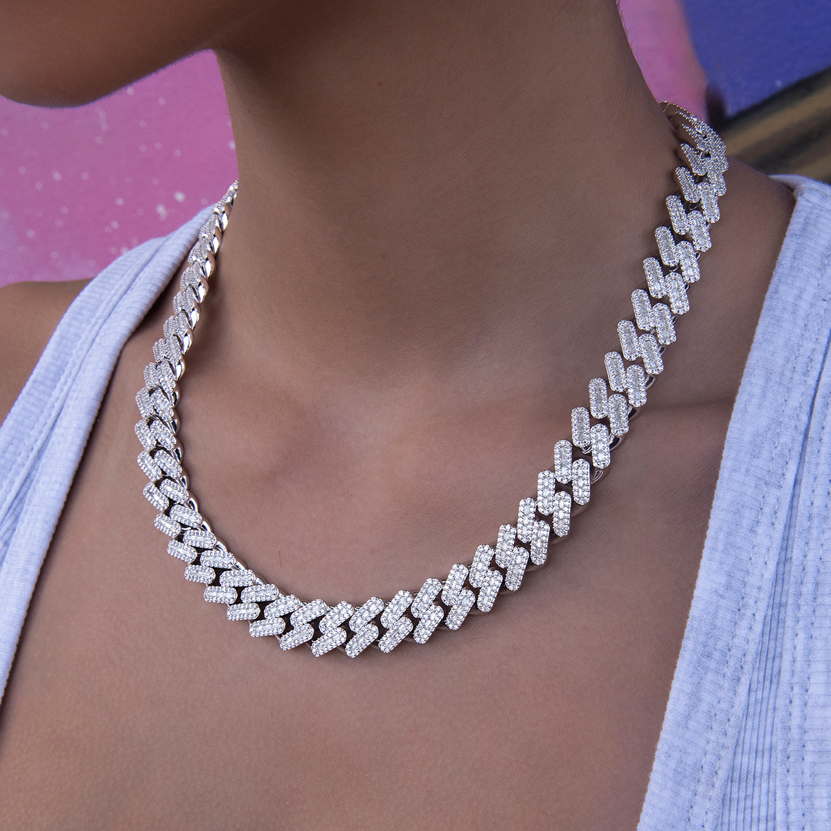 Diamond Baguette Cuban Necklace in White Gold- 12mm