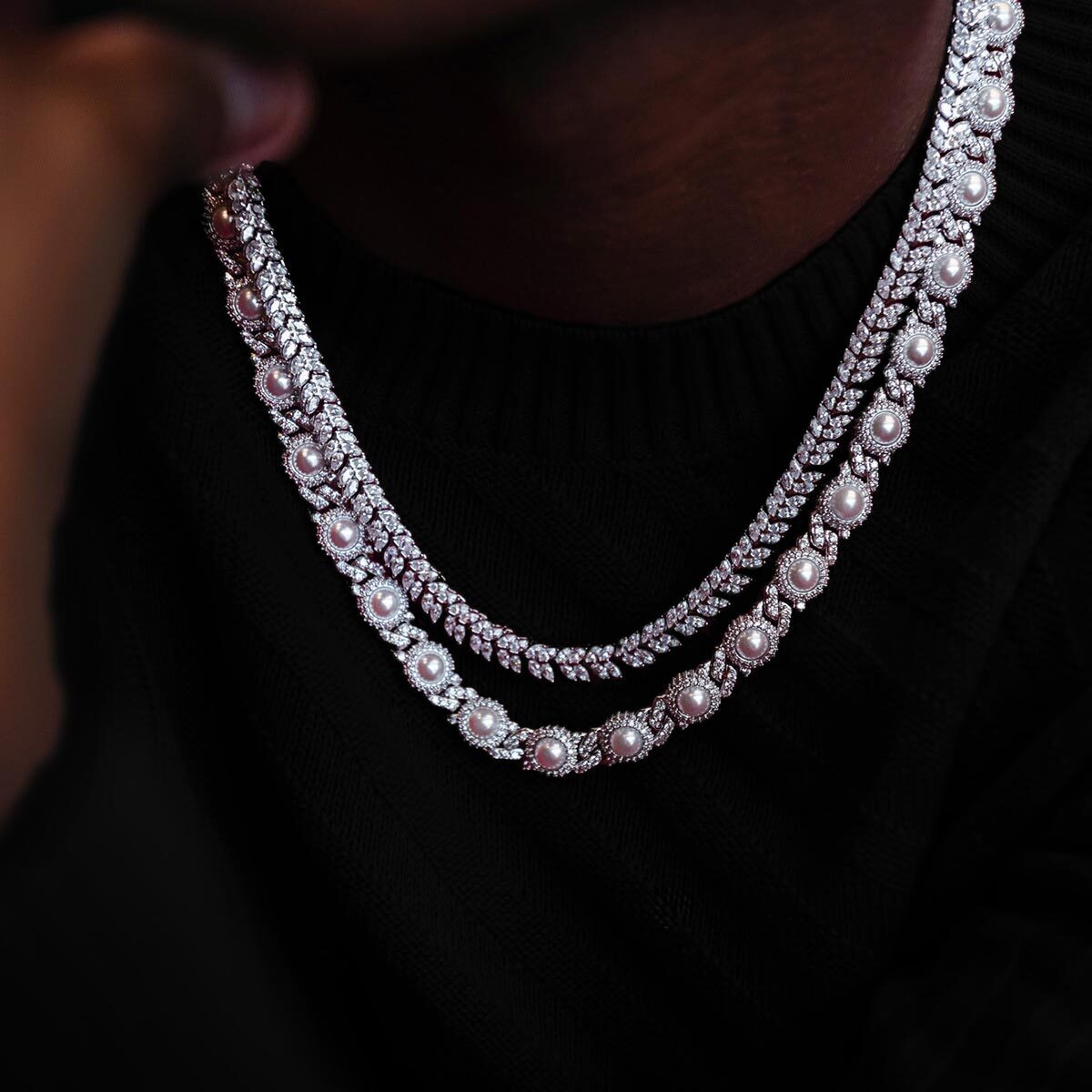 10mm Iced Halo Cuban Chain with Pearls in White Gold