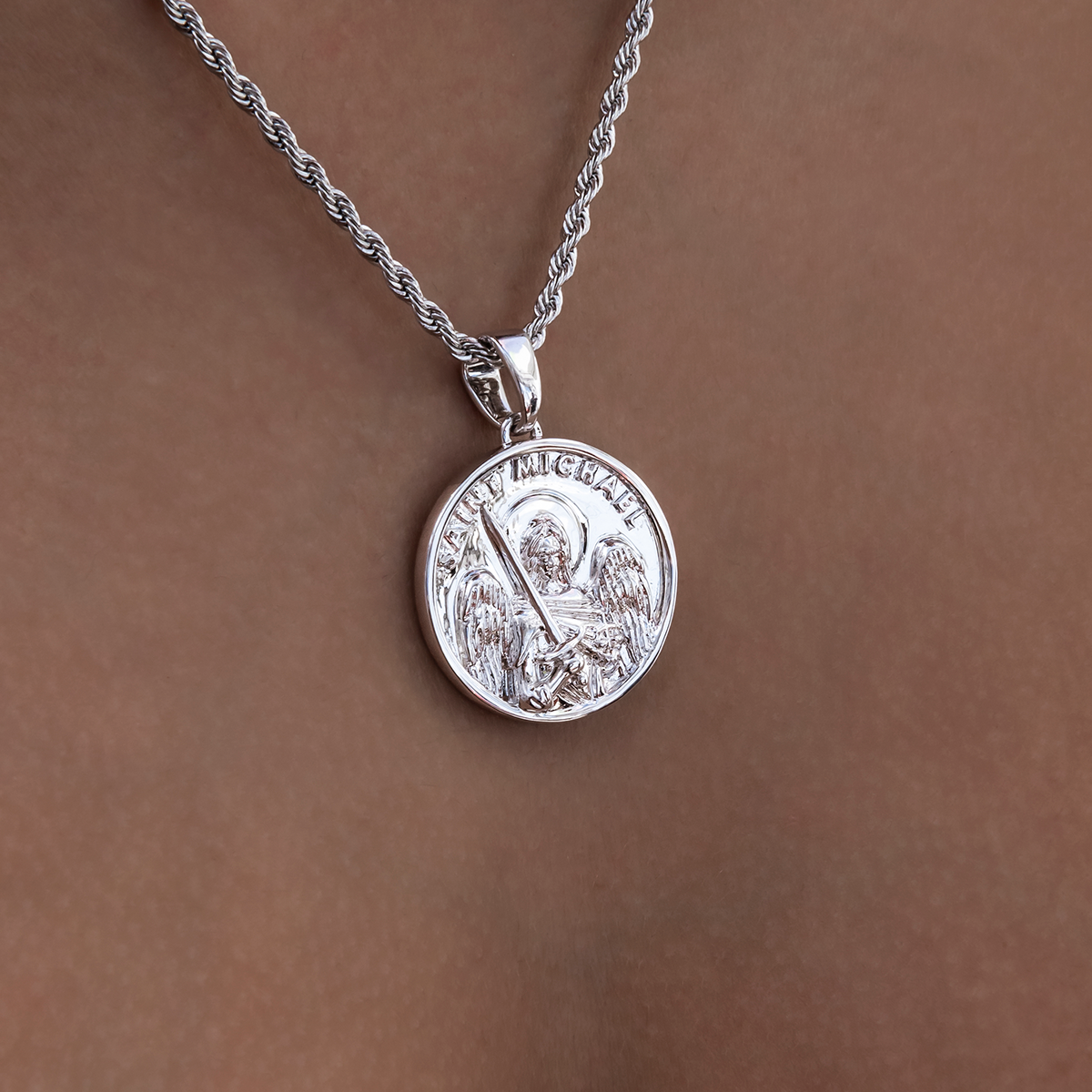 Saint Michael Coin Pendant in White Gold