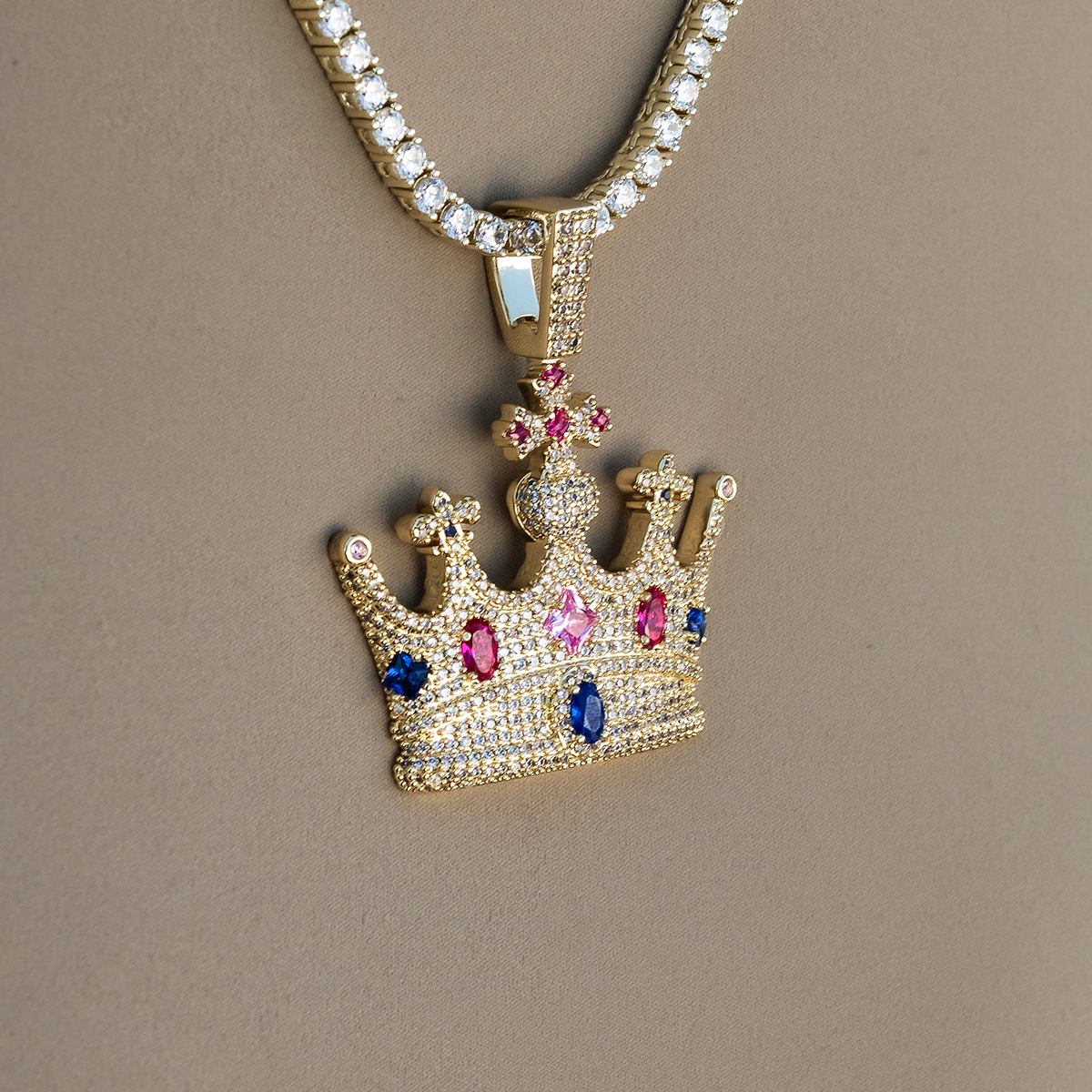 Multicolor Crown Pendant in Yellow Gold