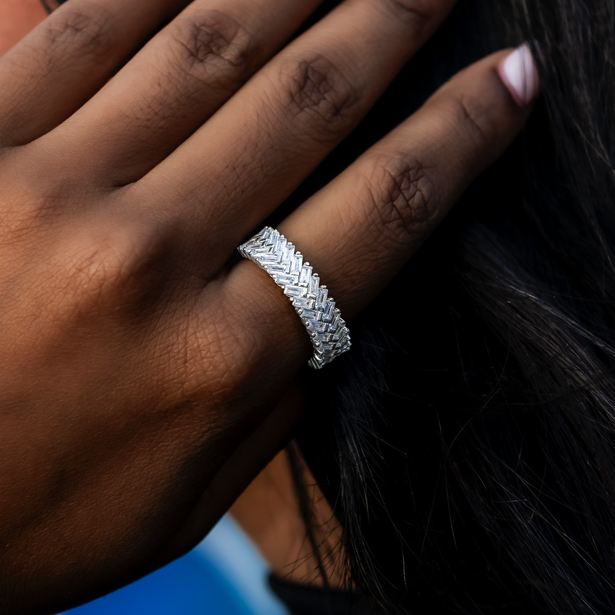 Diamond Baguette Herringbone Ring in White Gold Vermeil