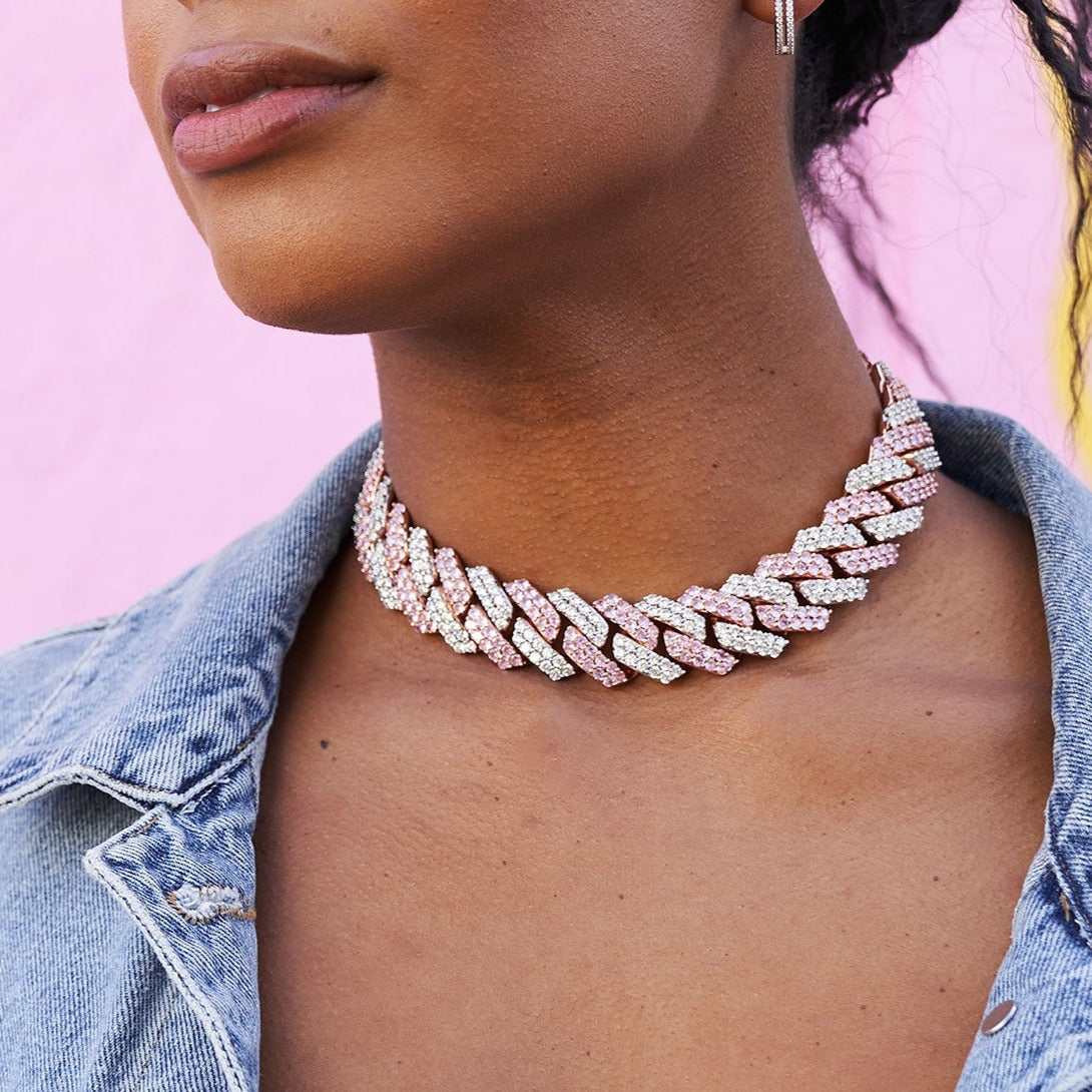 Diamond Cuban Prong Choker in Rose/White Gold - 19mm