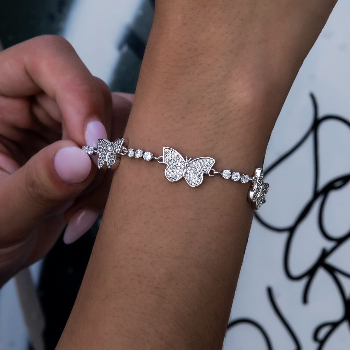 Micro Tennis Butterfly Bracelet in White Gold