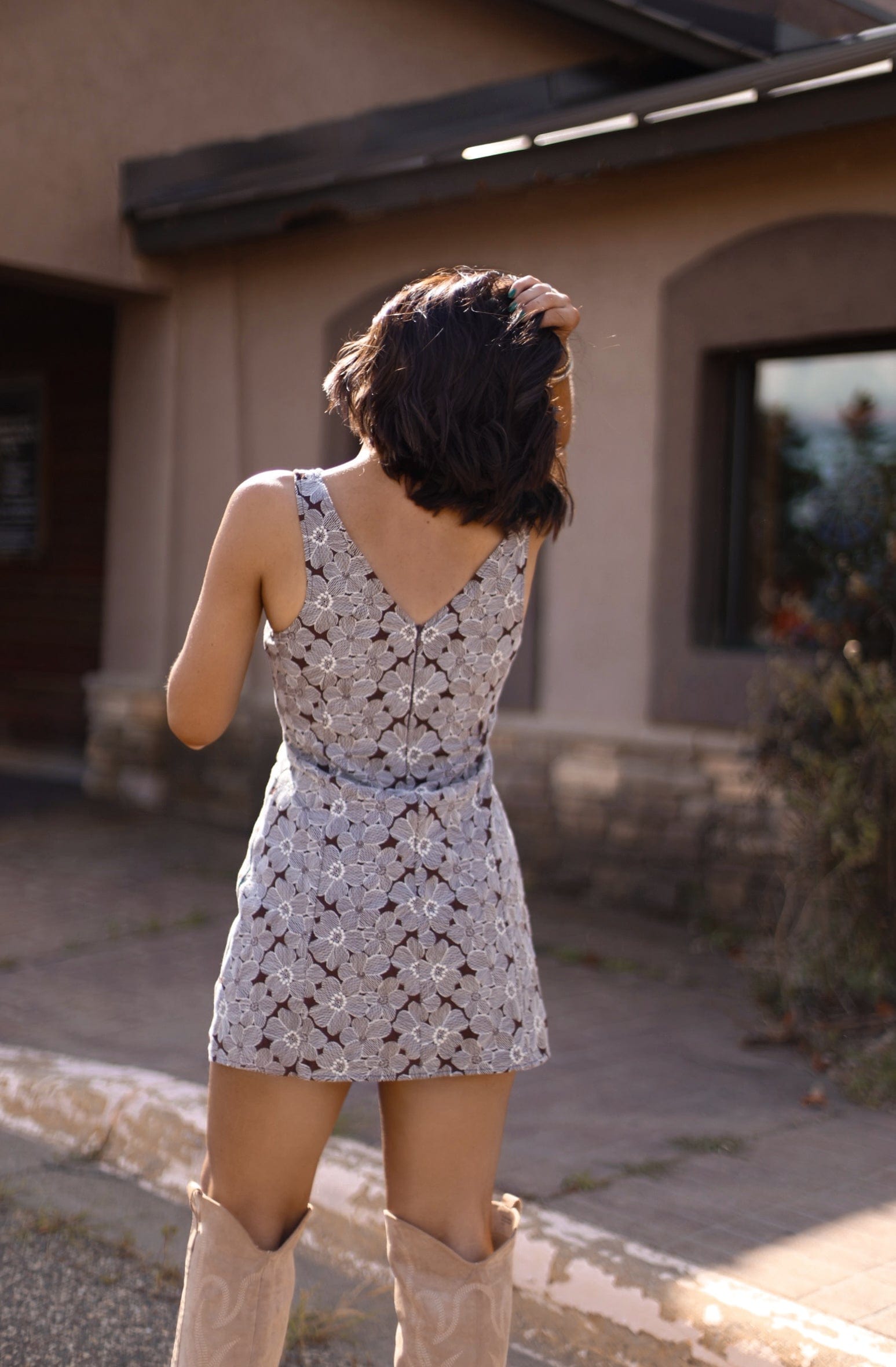 Brown Embroidered Floral Mini Dress