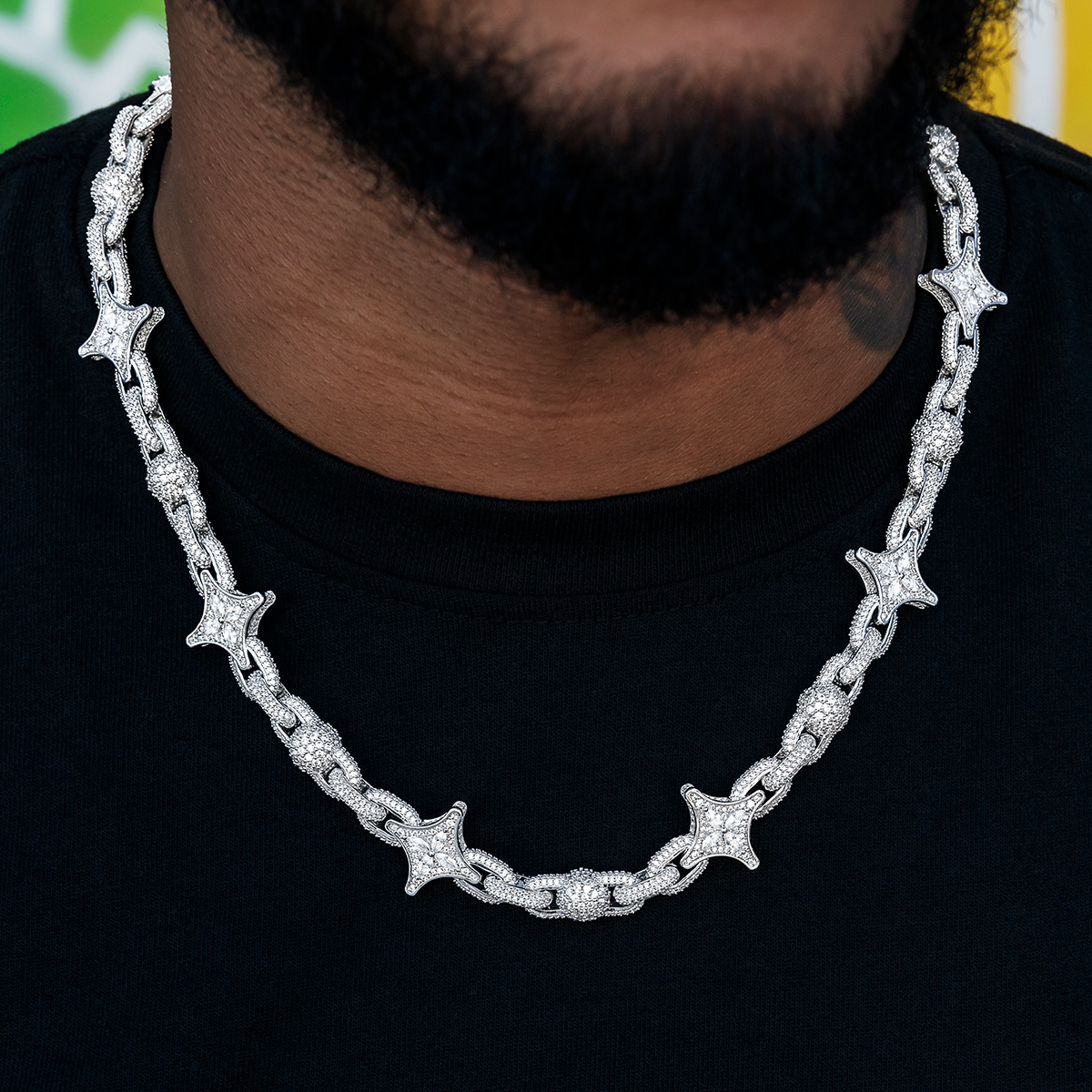 Diamond Ball Star Mariner Chain in White Gold- 10mm