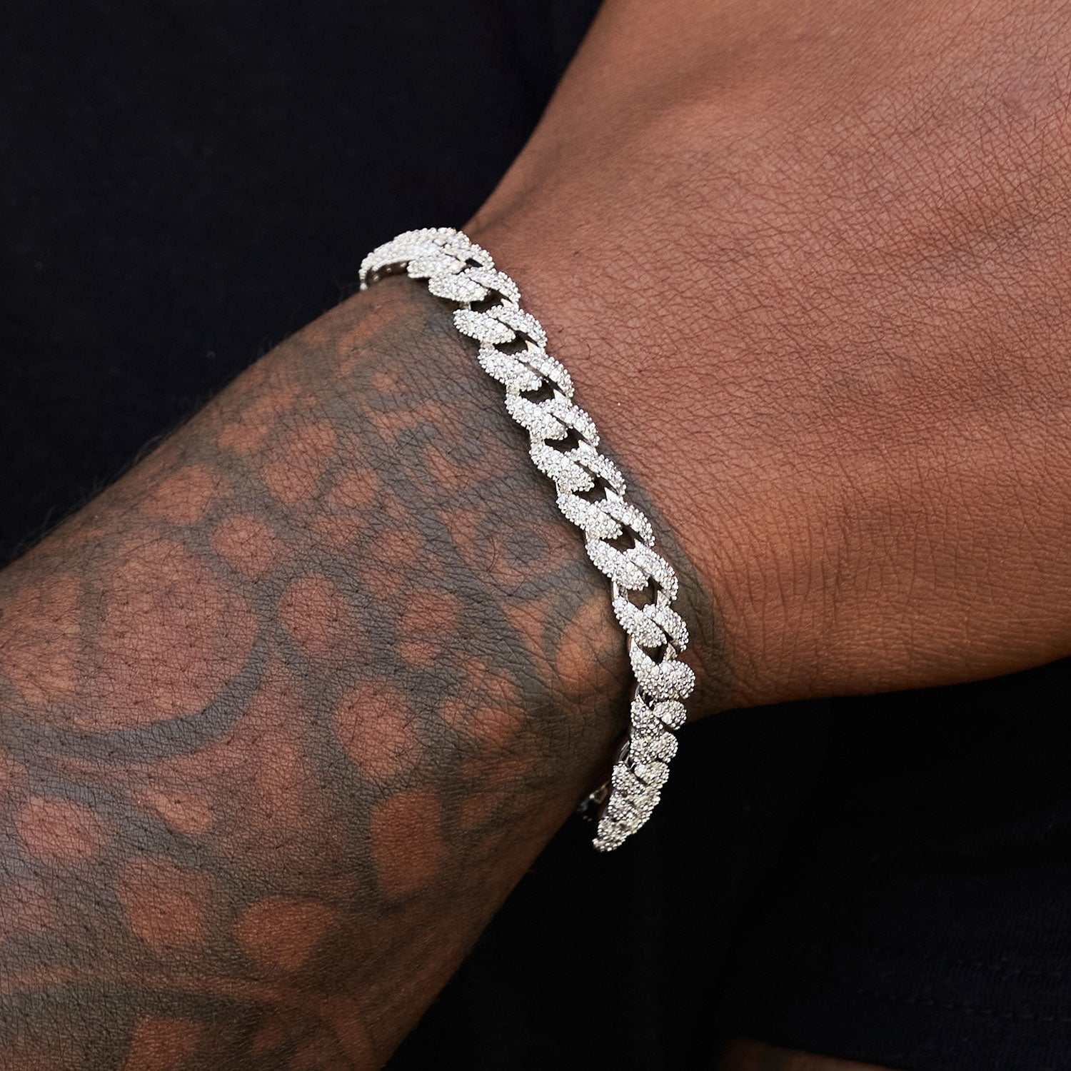 3mm Diamond Tennis Chain + 8.5mm Diamond Cuban Bracelet + Large Nail Cross Bundle- White Gold