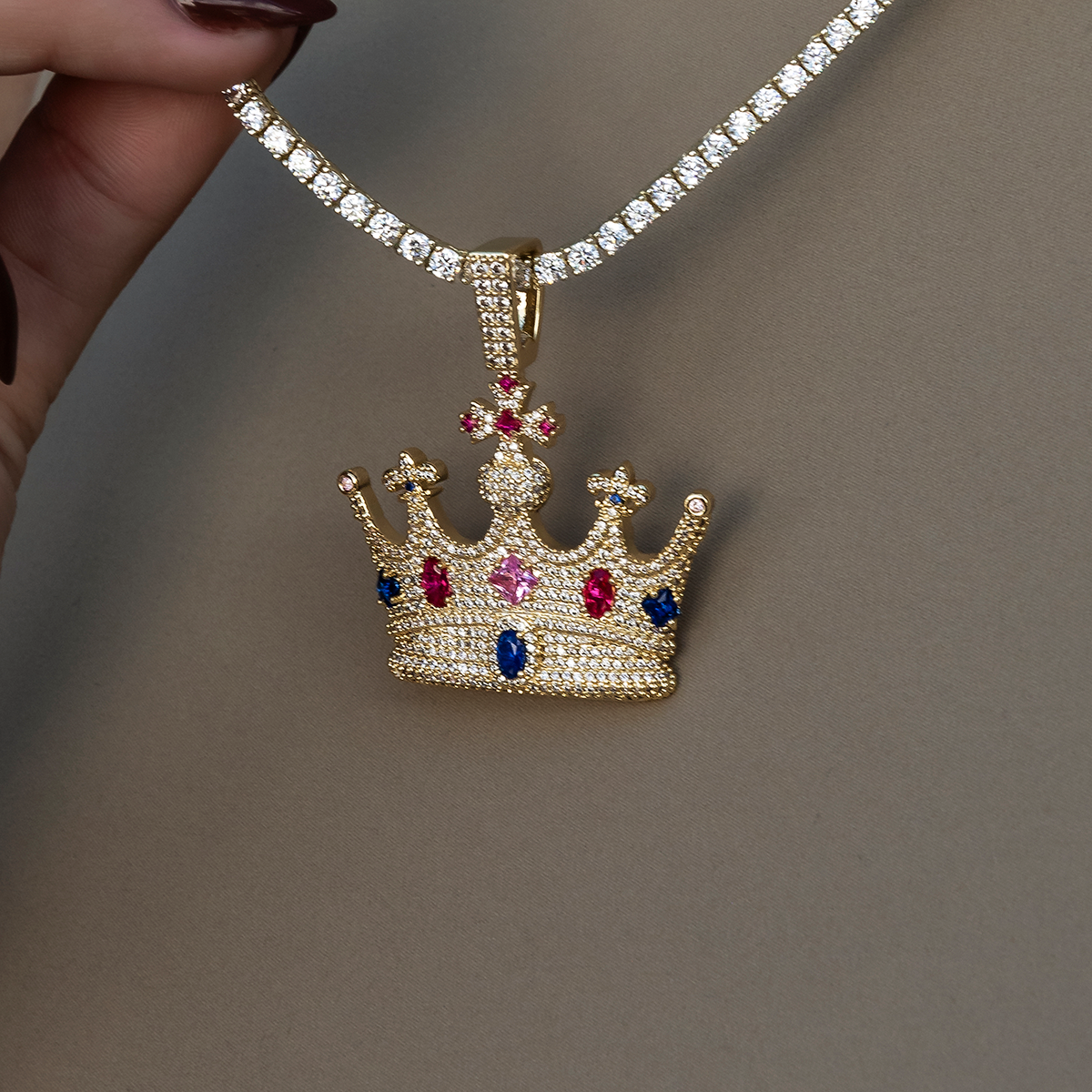 Multicolor Crown Pendant in Yellow Gold