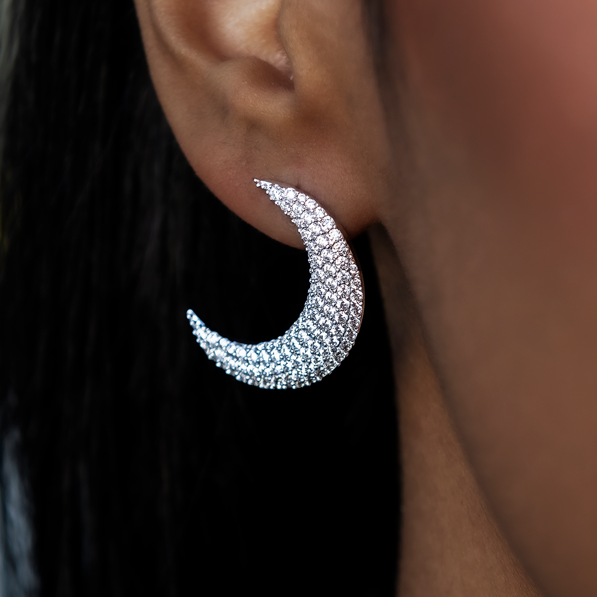 Diamond Pave Crescent Stud Earrings