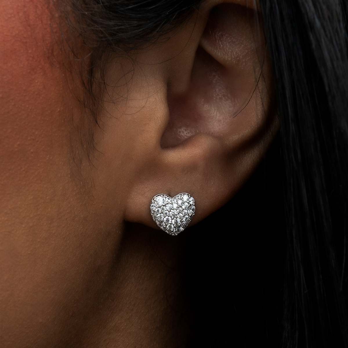 Heart Pave Stud Earrings in White Gold