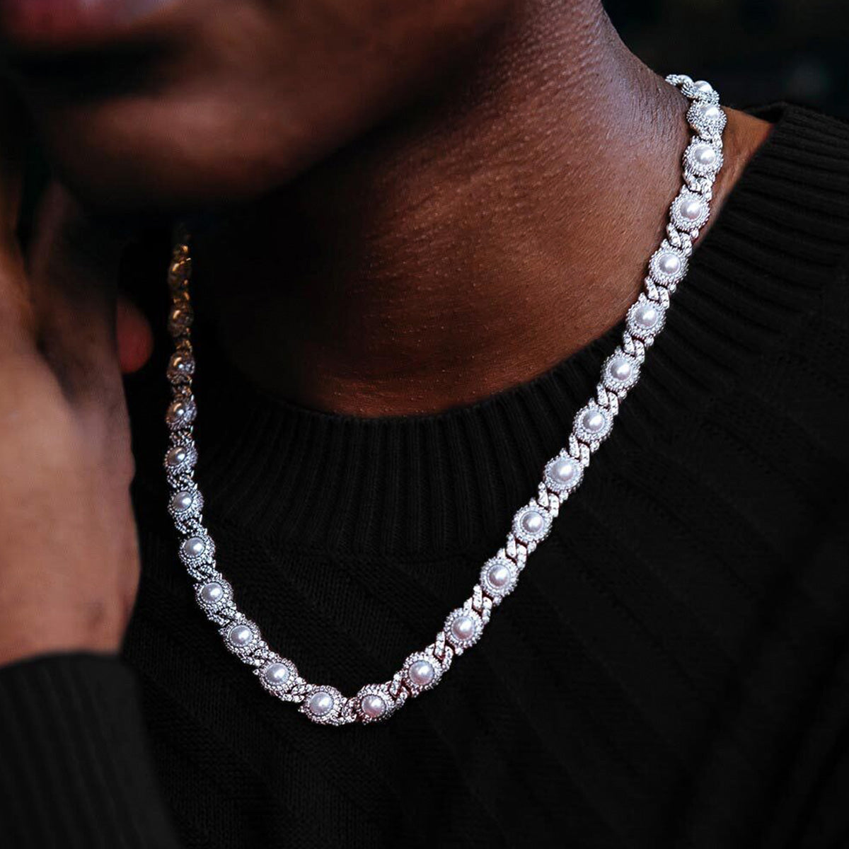 10mm Iced Halo Cuban Chain with Pearls in White Gold