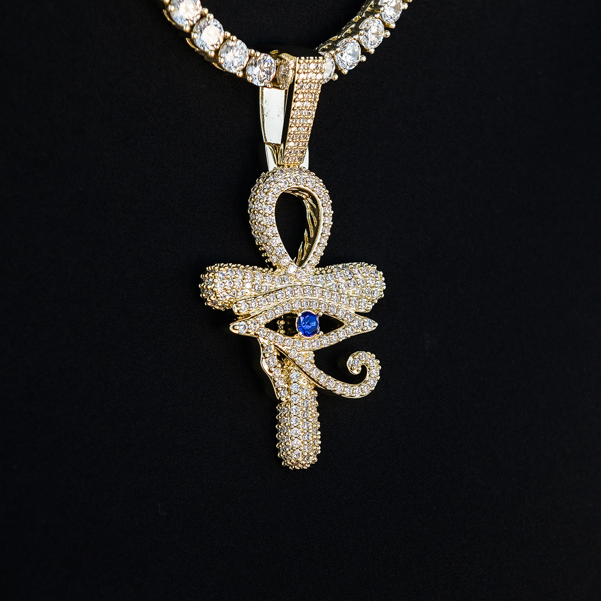 Large Diamond Eye of Horus Ankh Pendant in Yellow Gold