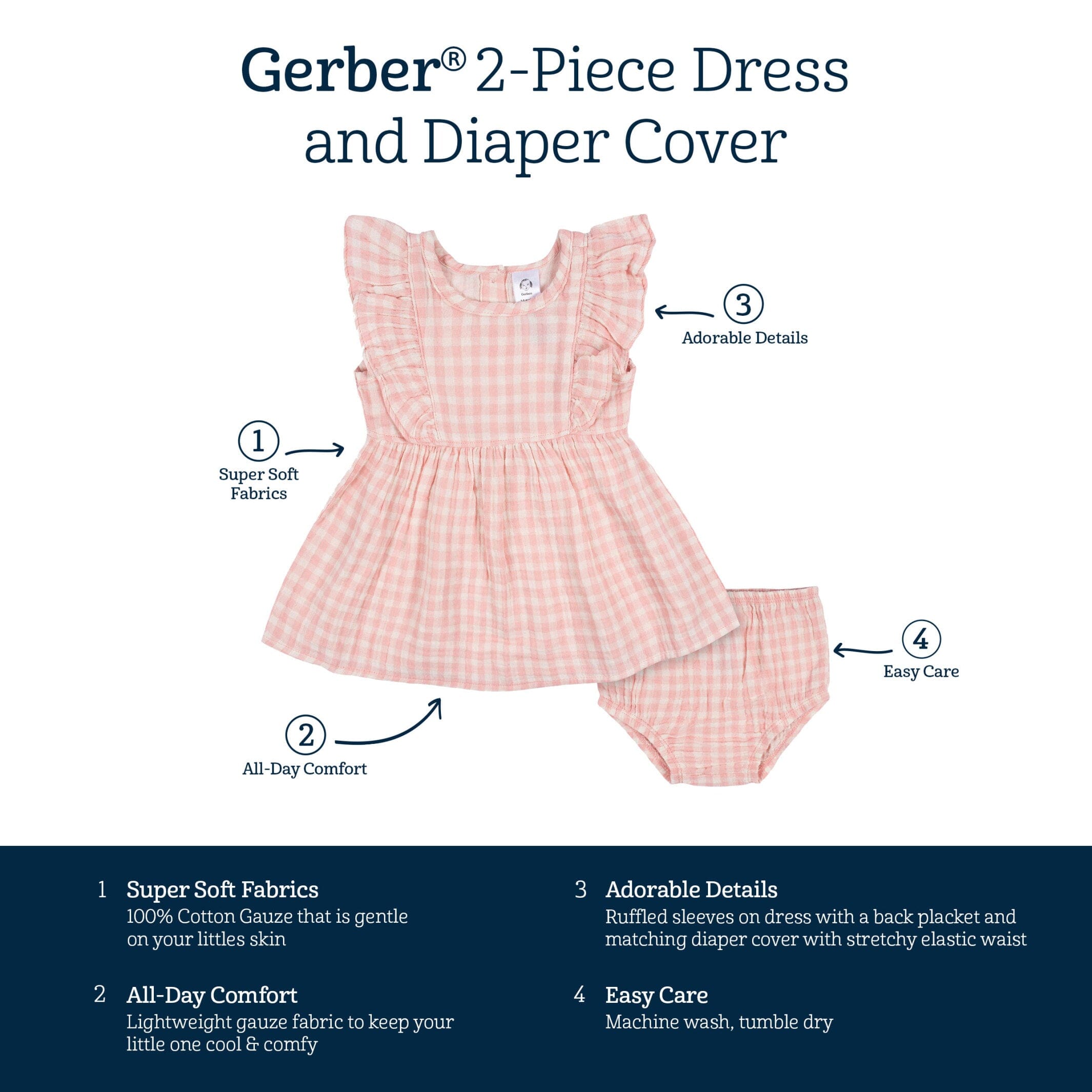 2-Piece Baby & Toddler Girls Gingham Gauze Dress & Diaper Cover Set