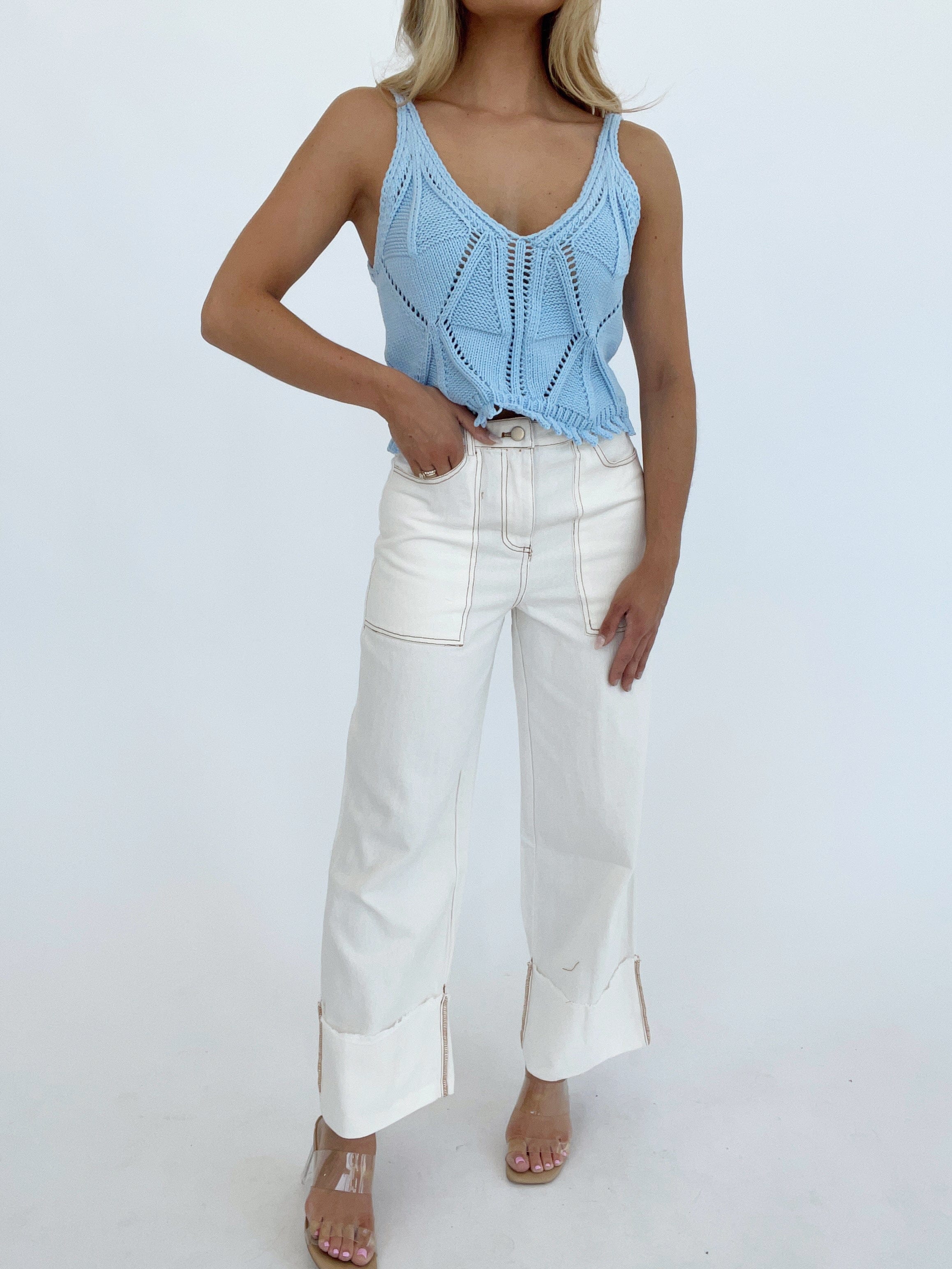 White Folded Wide Leg Pants