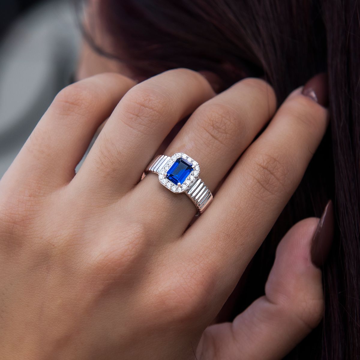 Diamond Emerald Cut Sapphire Textured Ring in White Gold Vermeil